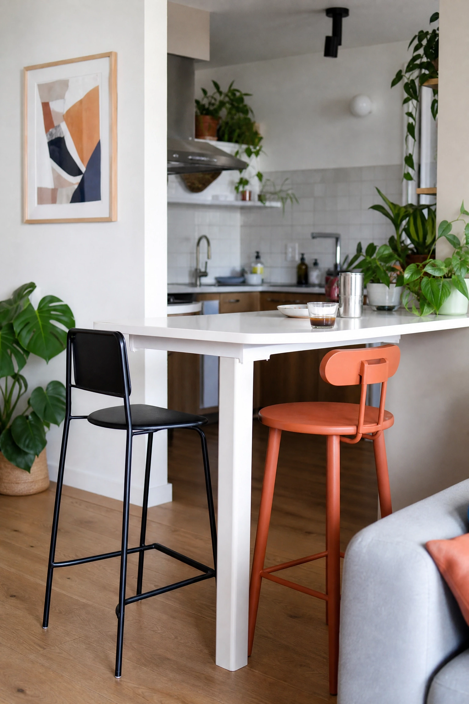 mixed chair heights to create a casual dining bar in a dining room