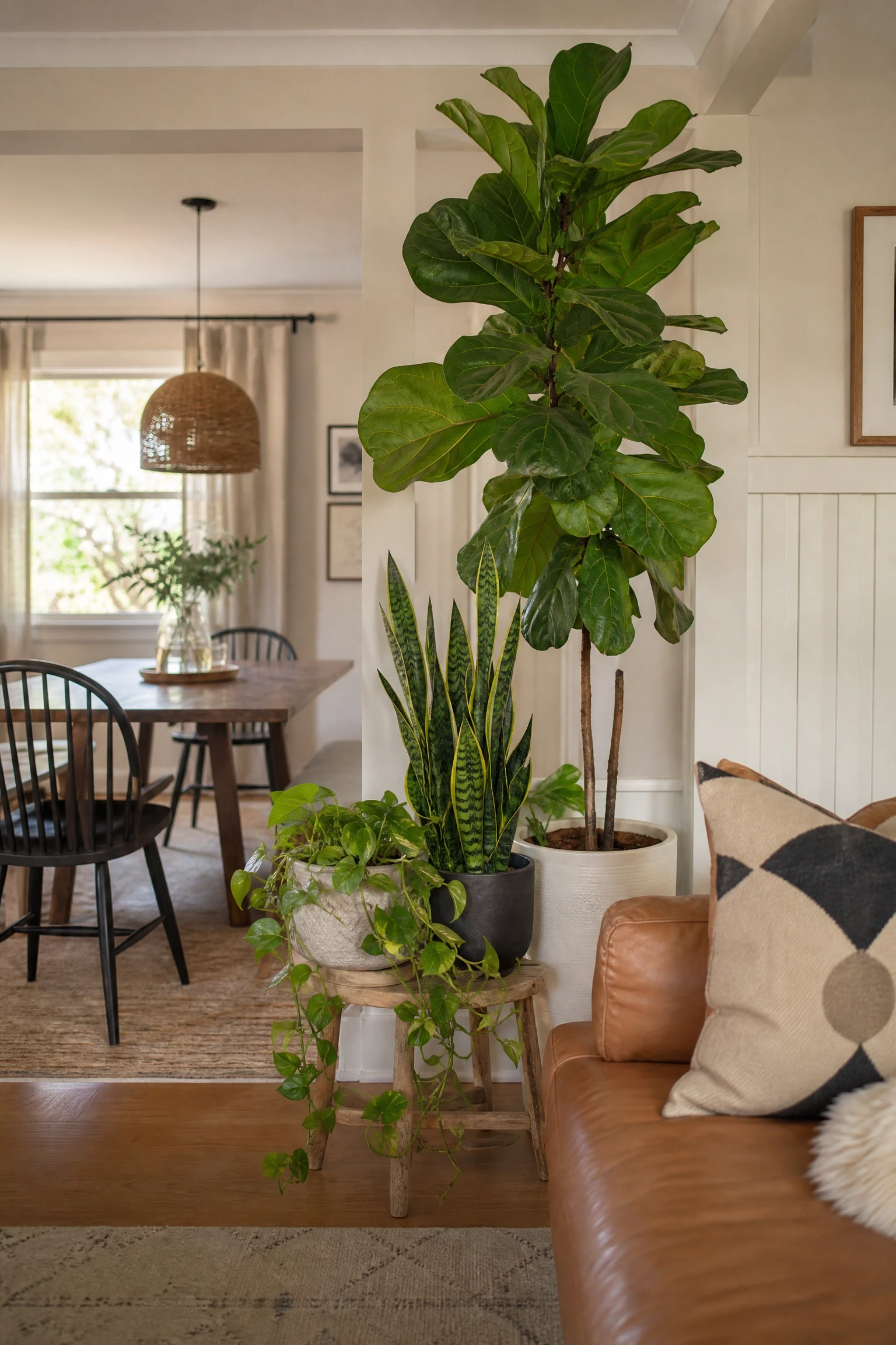plants to soften and separate the dining zone in a dining room