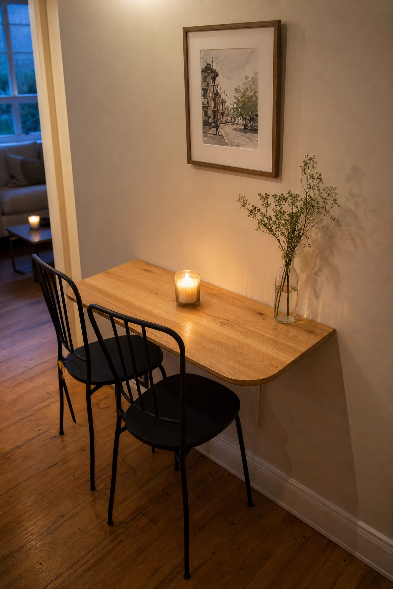 the drop-leaf against a narrow wall in a dining room