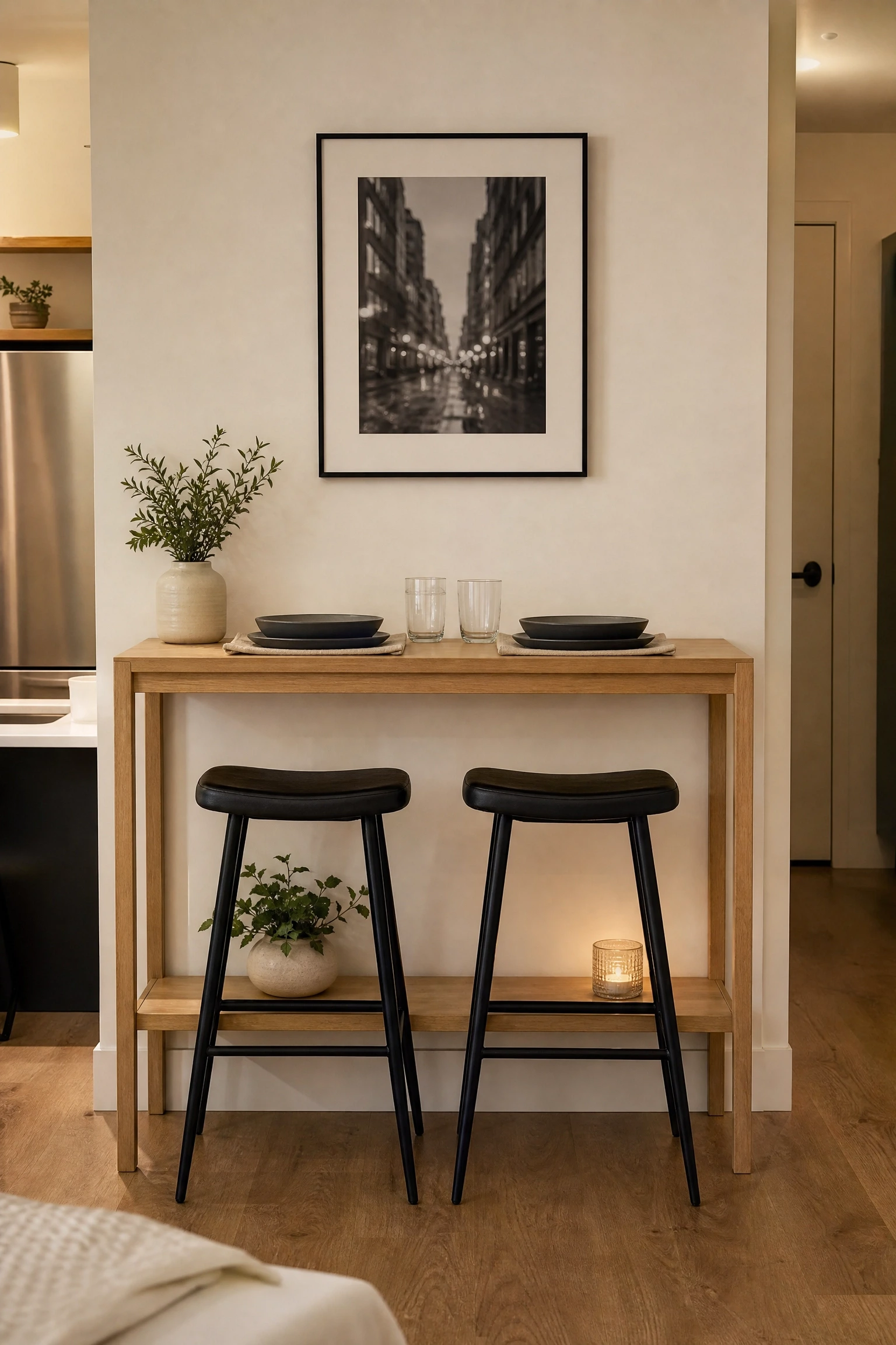 using a console table as a slim dining solution in a dining room