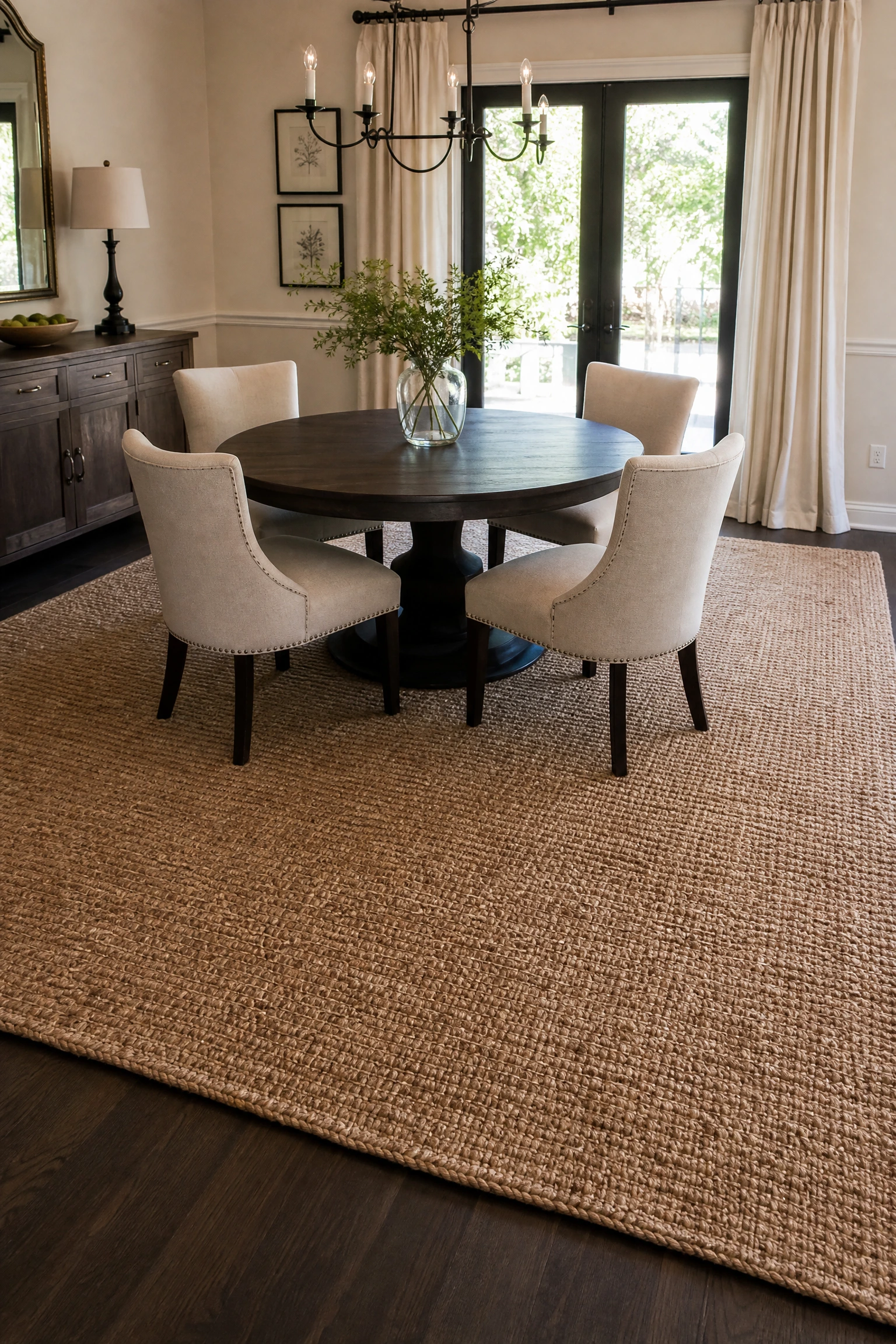 rugs are finally being sized correctly in a dining room