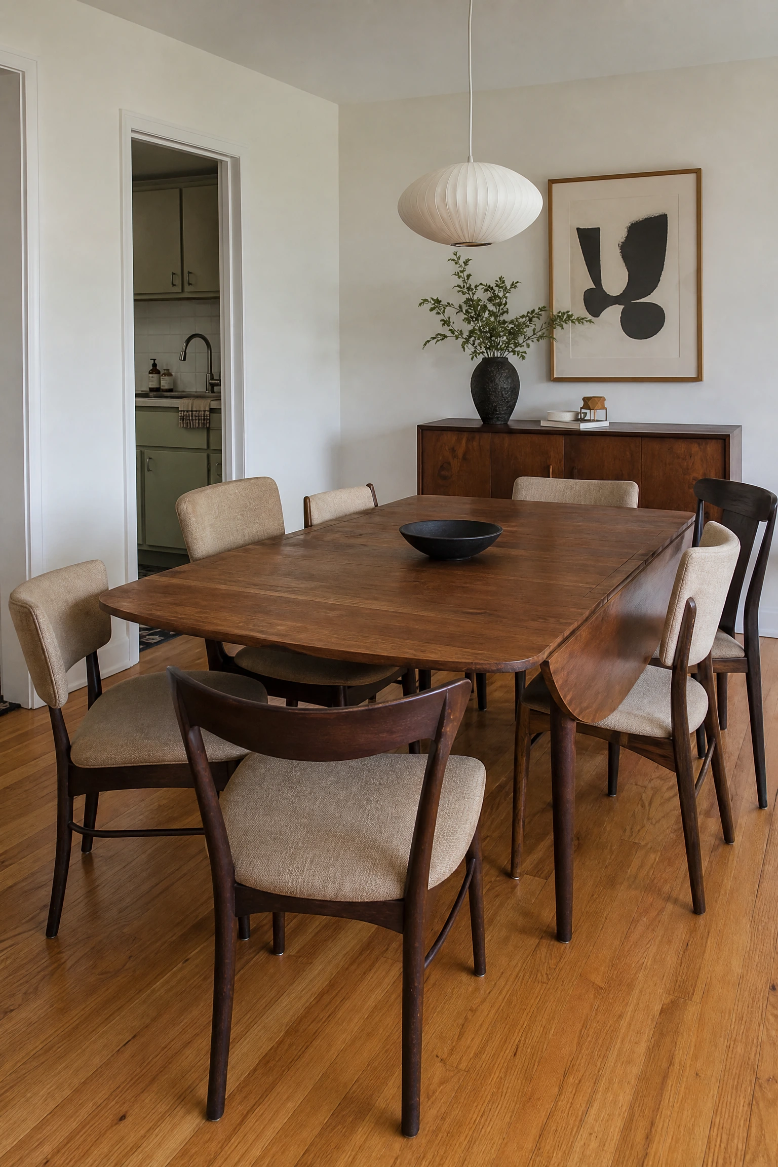 vintage and antique pieces are being mixed with new in a dining room