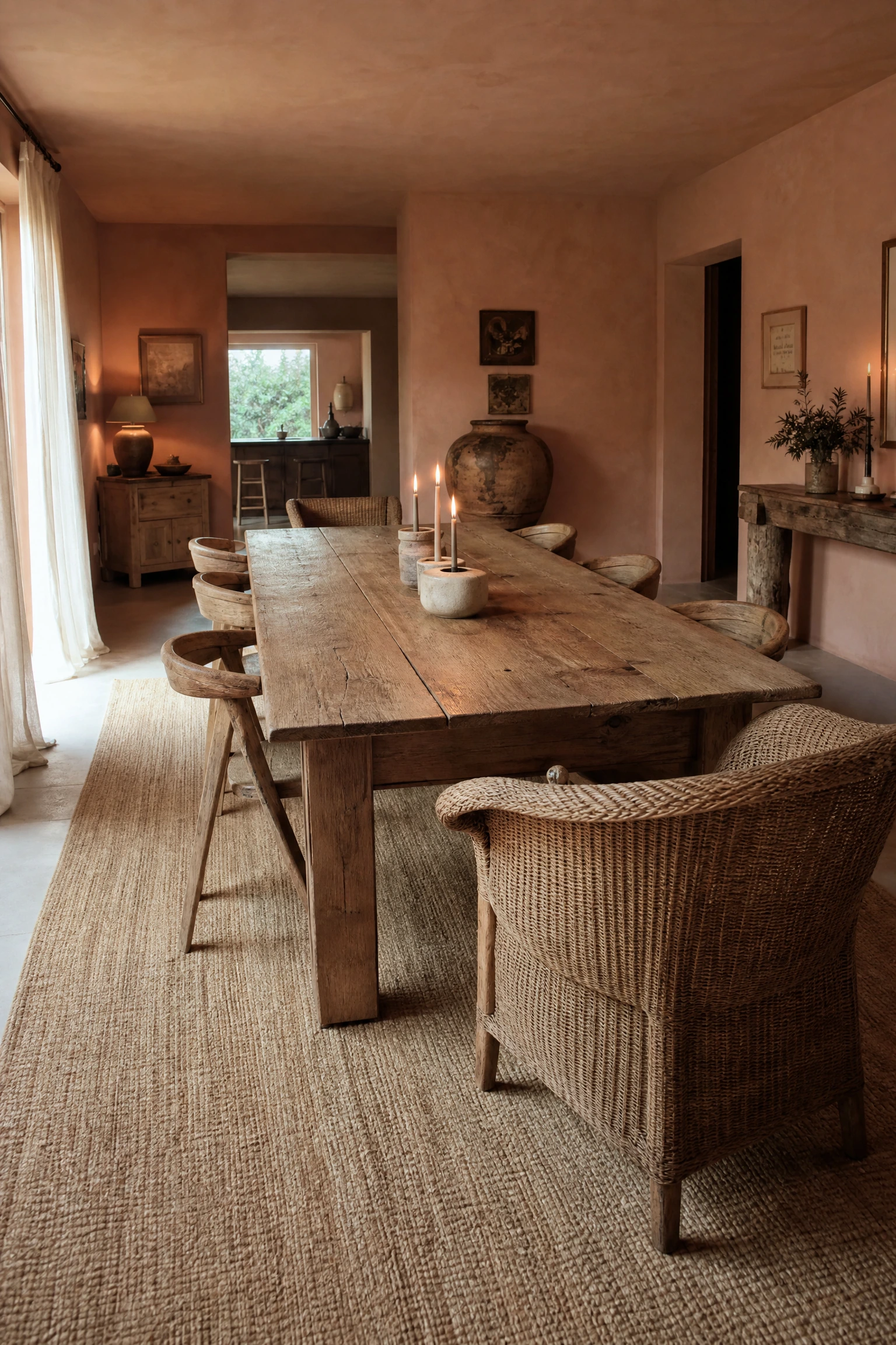 warm, earthy materials are edging out cool and glossy in a dining room