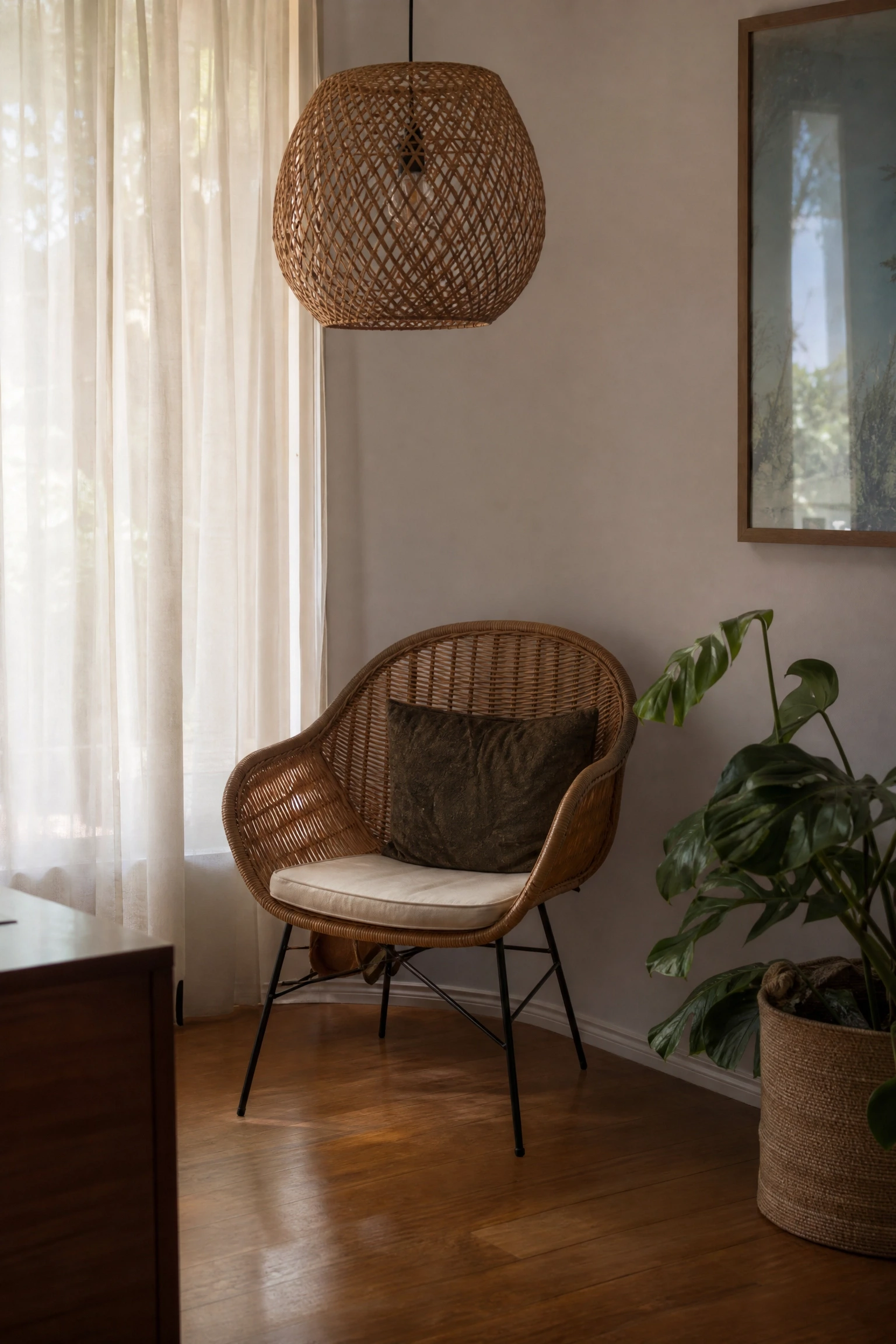 bring in a woven or wood element for warmth in a living room