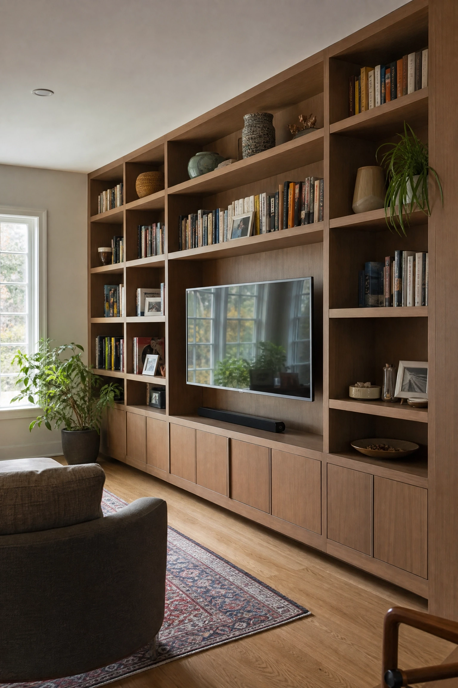 build in floor-to-ceiling shelving around the tv in a living room
