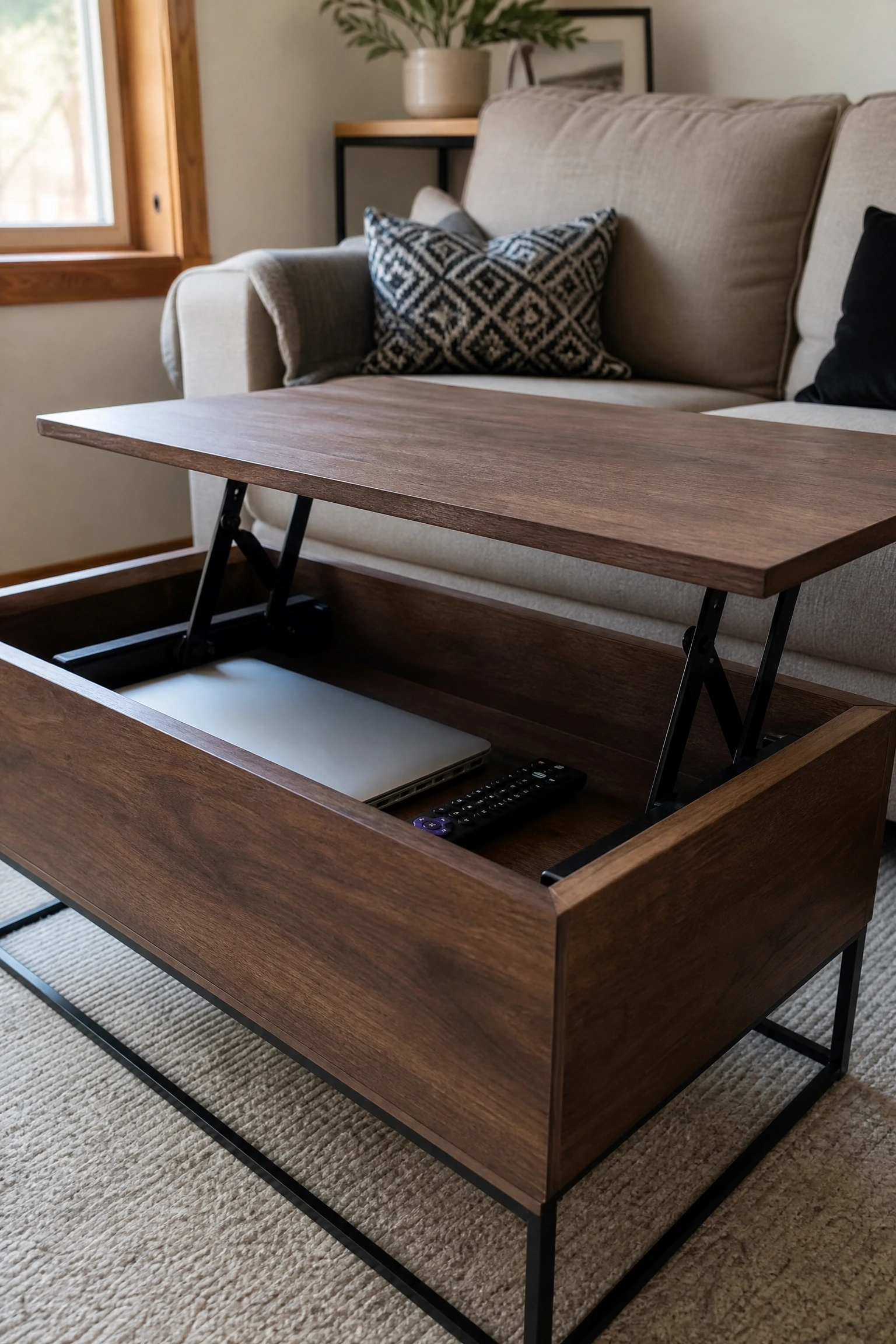 choose a coffee table with hidden storage in a living room