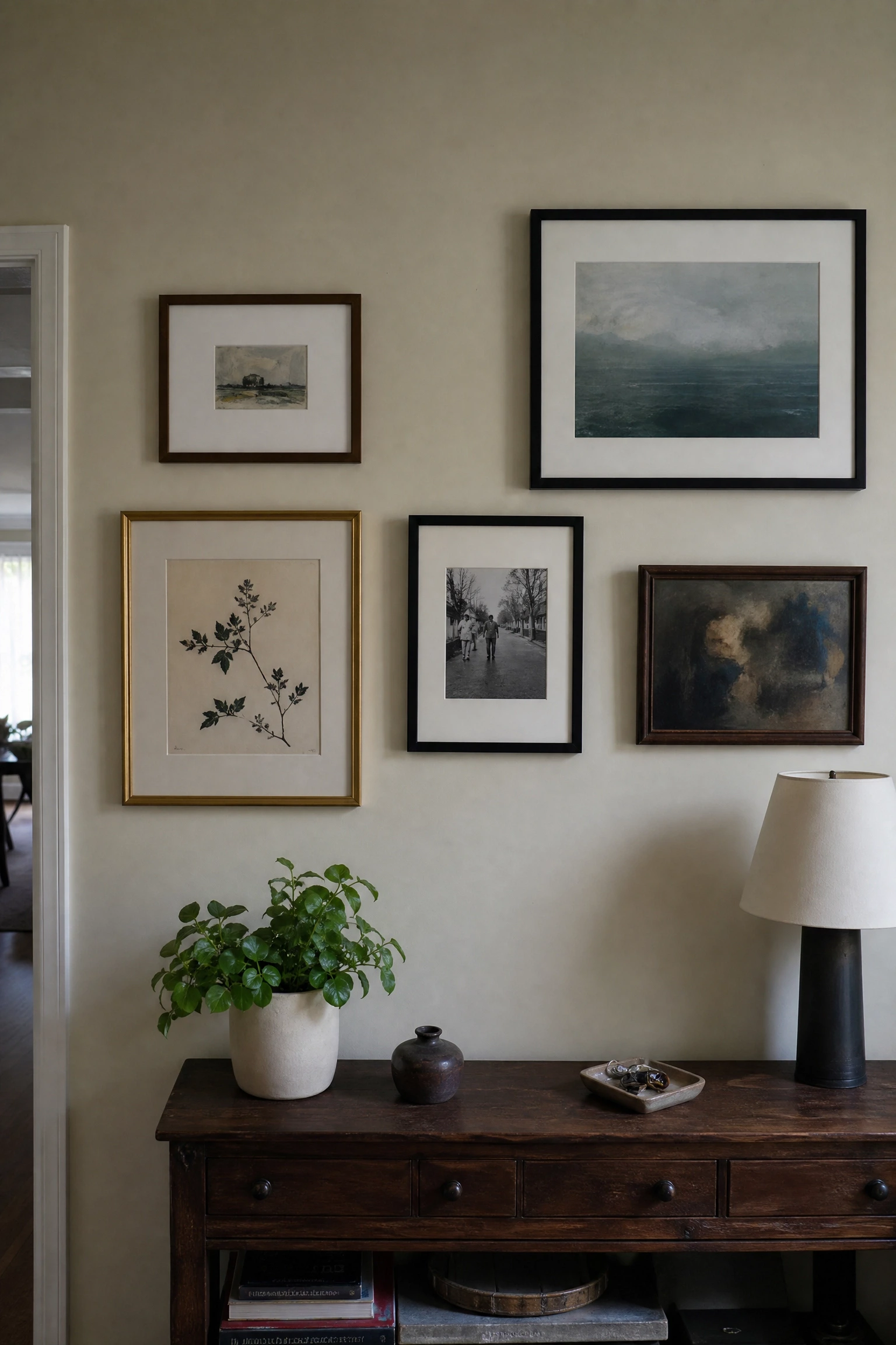 group art in an odd-numbered gallery wall in a living room