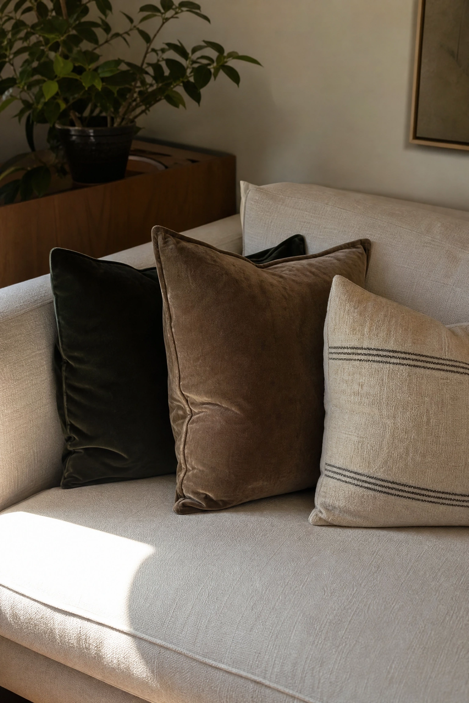 mix a performance fabric sofa with delicate throw pillows in a living room