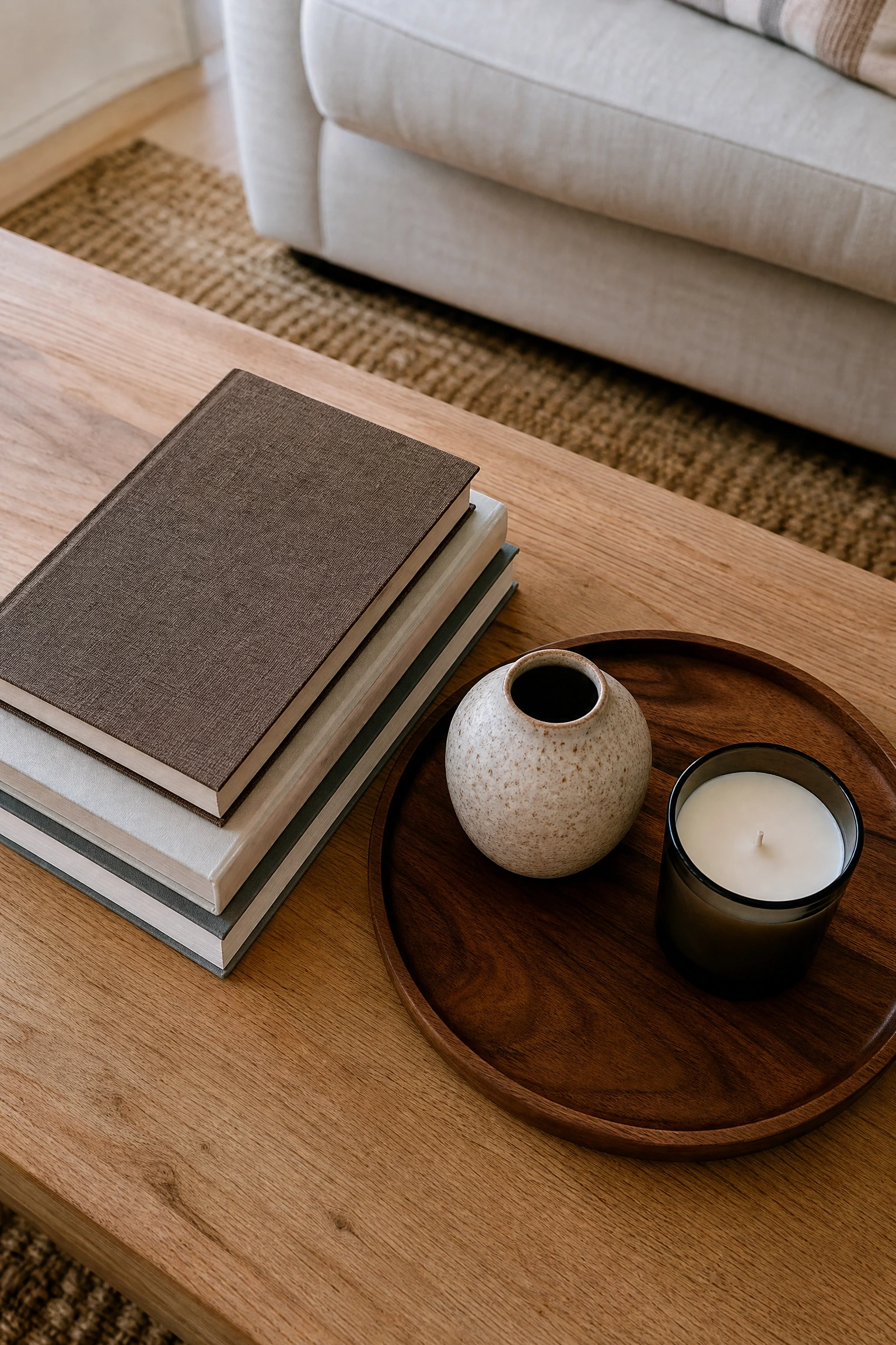 style the coffee table with the rule of three in a living room