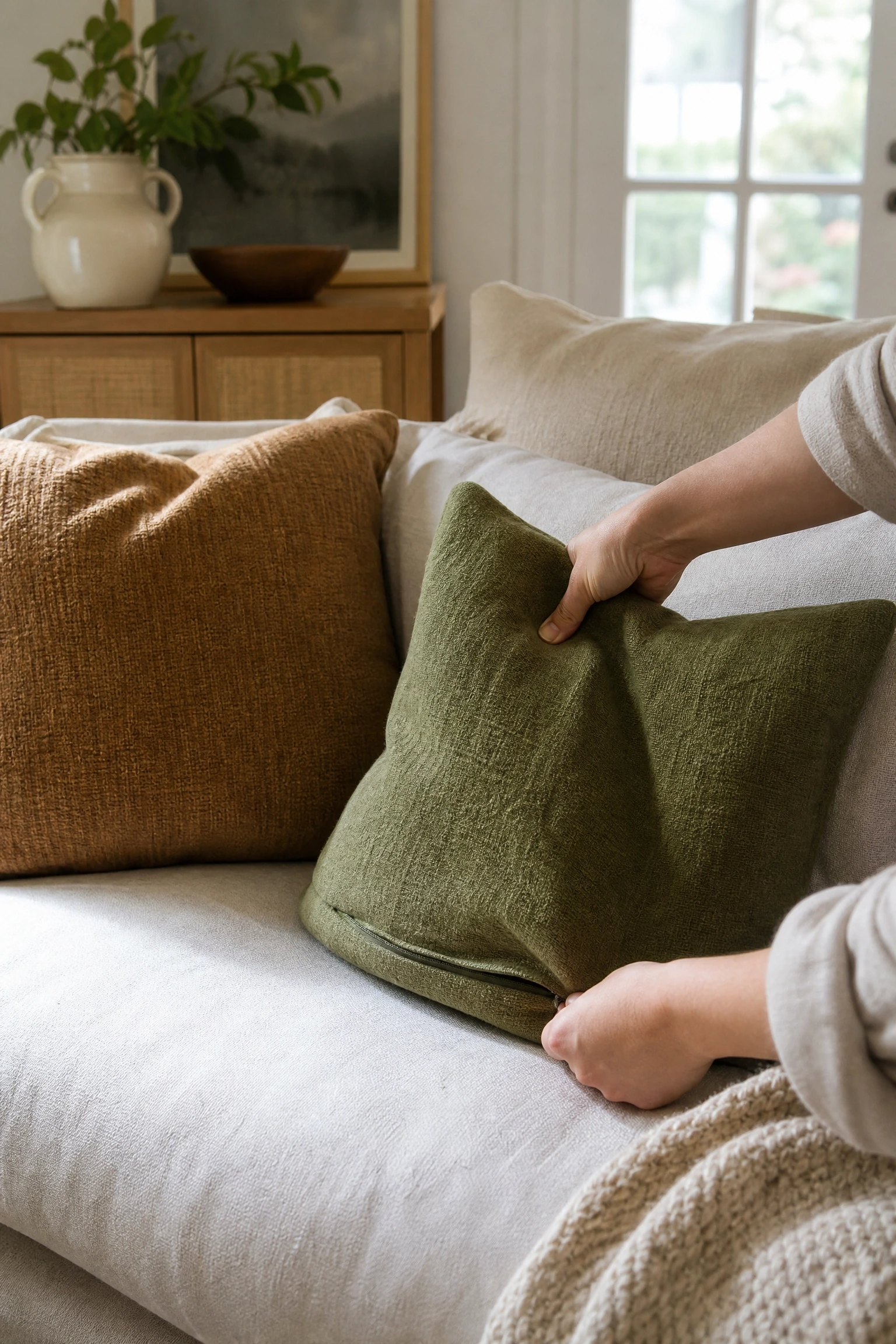 swap throw pillow covers seasonally in a living room