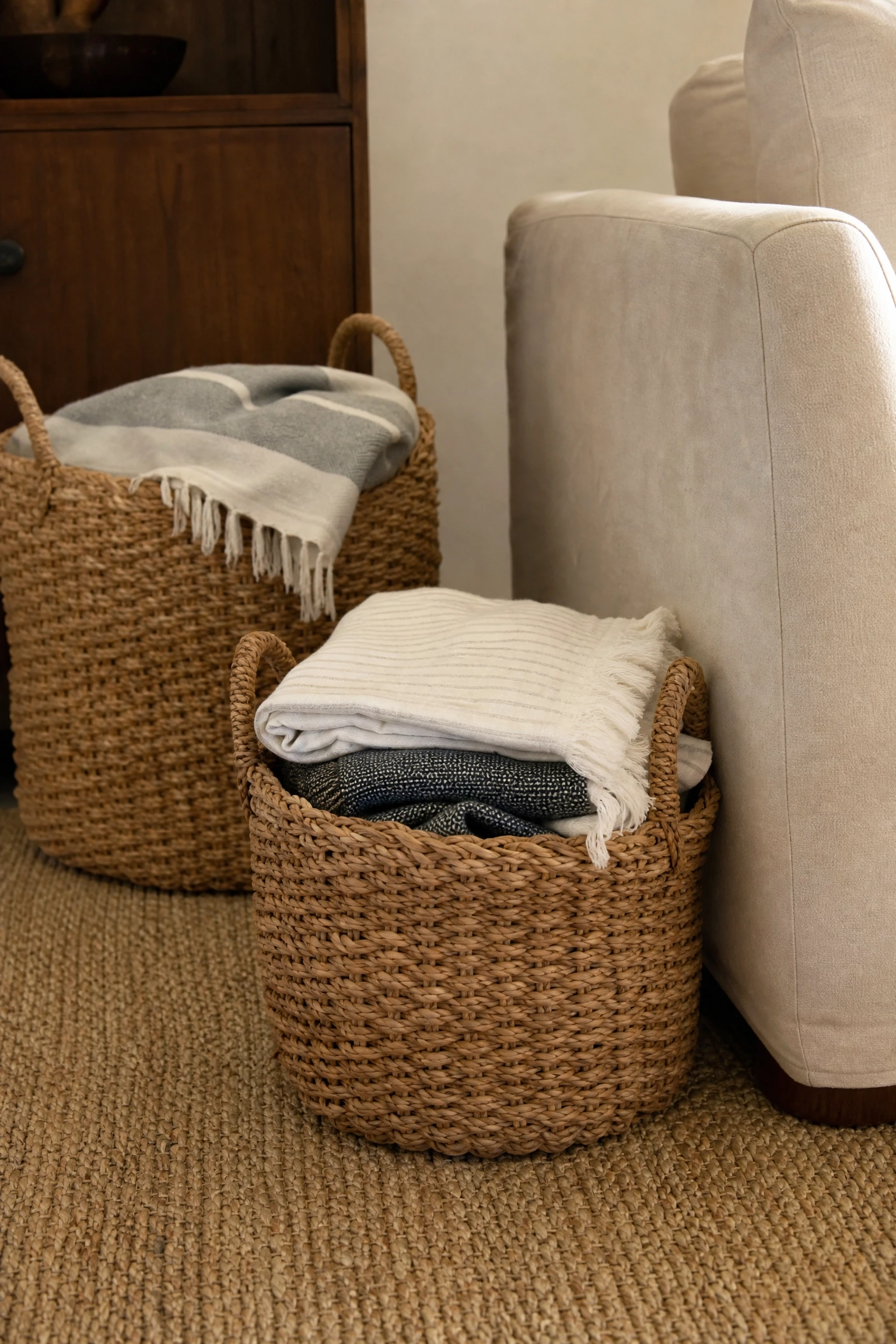 use baskets for everyday clutter in a living room