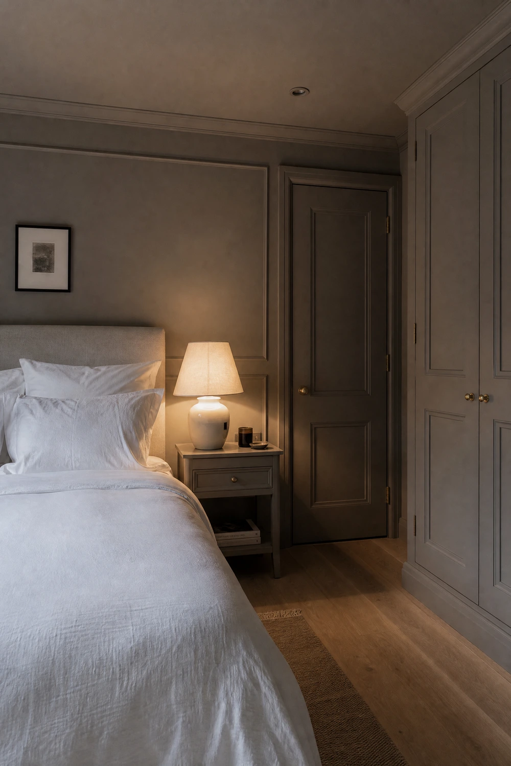 a full grey room with white as the relief tone in a bedroom