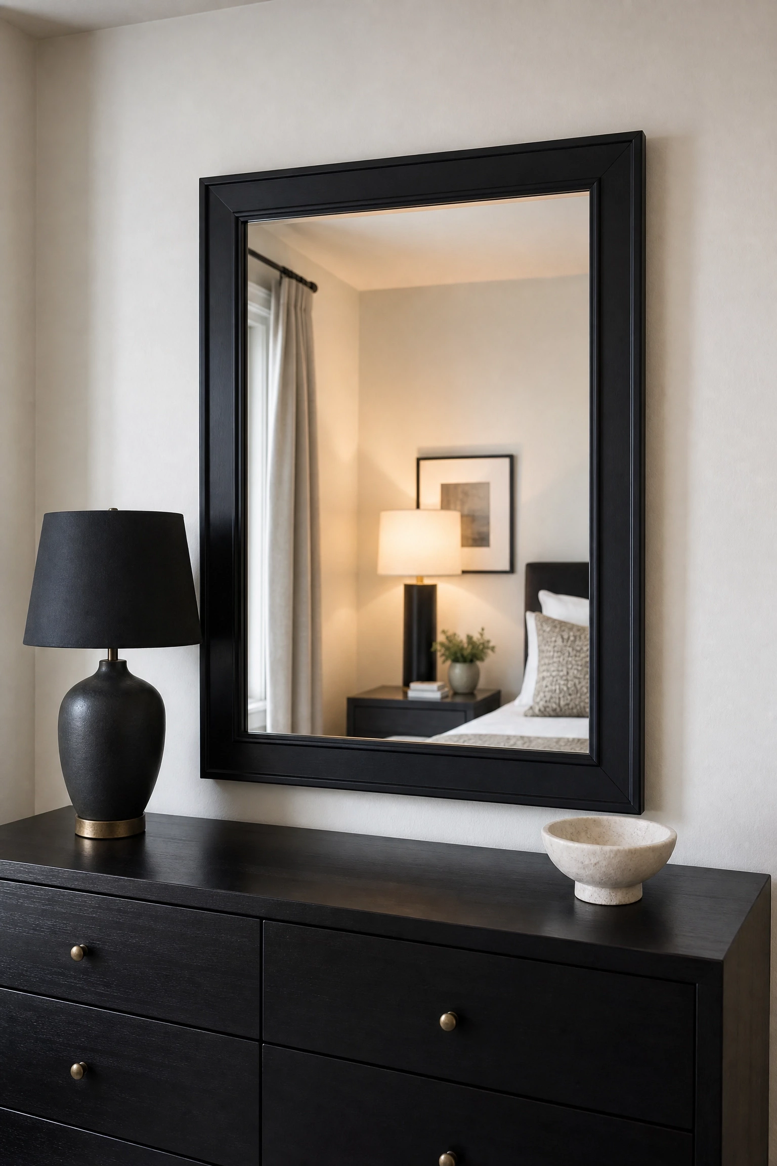 a statement mirror in black or white frame to open the room in a bedroom