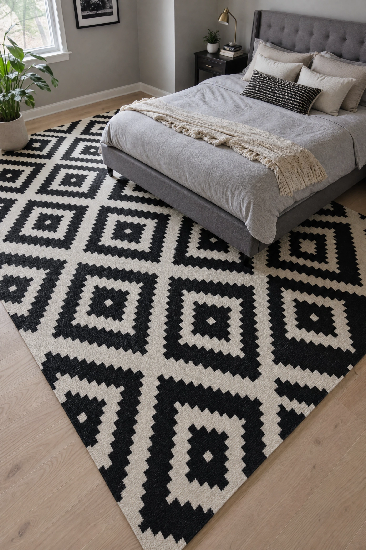 black and white geometric or printed rug to anchor a grey room in a bedroom