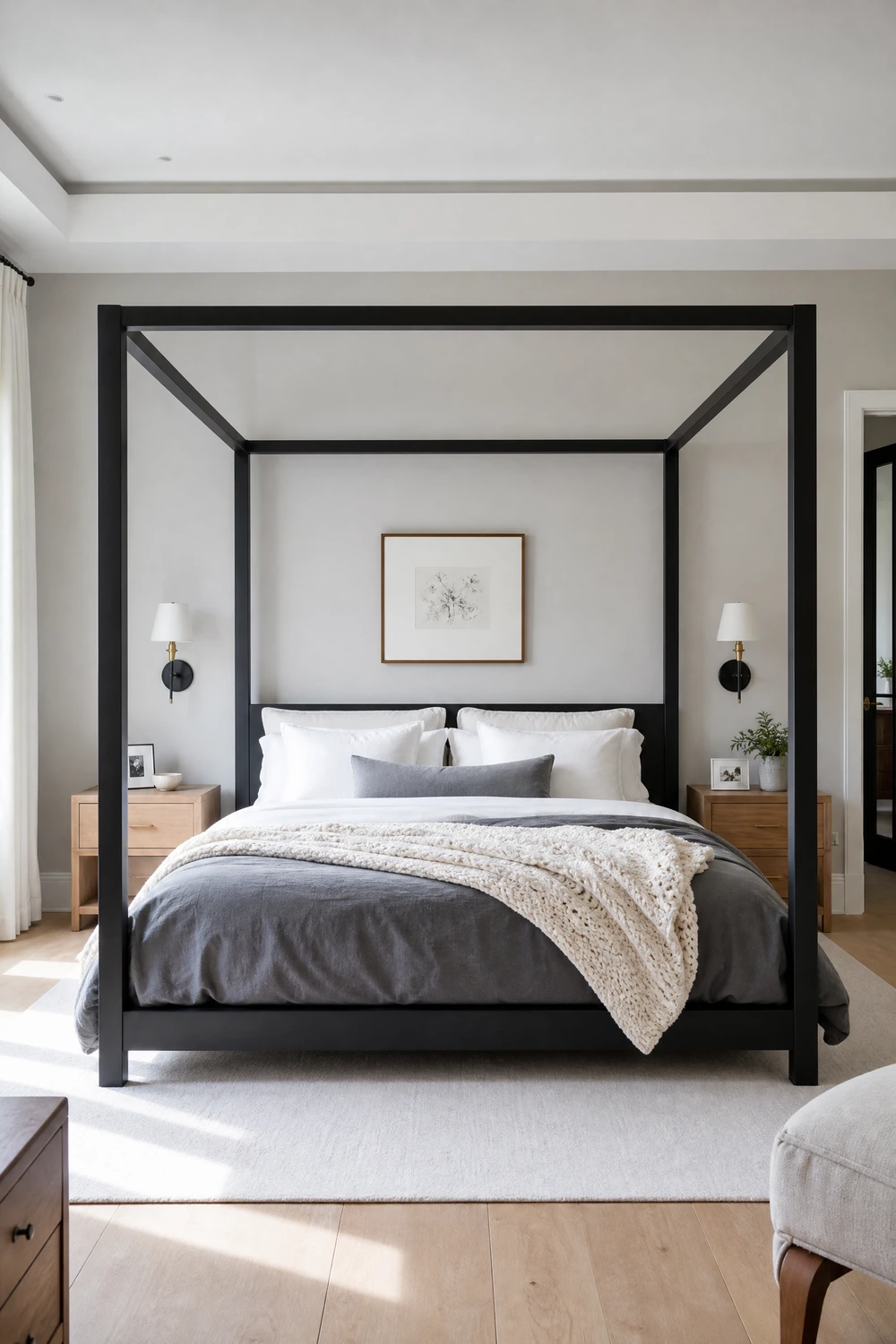 black bed frame as the centrepiece of a white and grey room in a bedroom