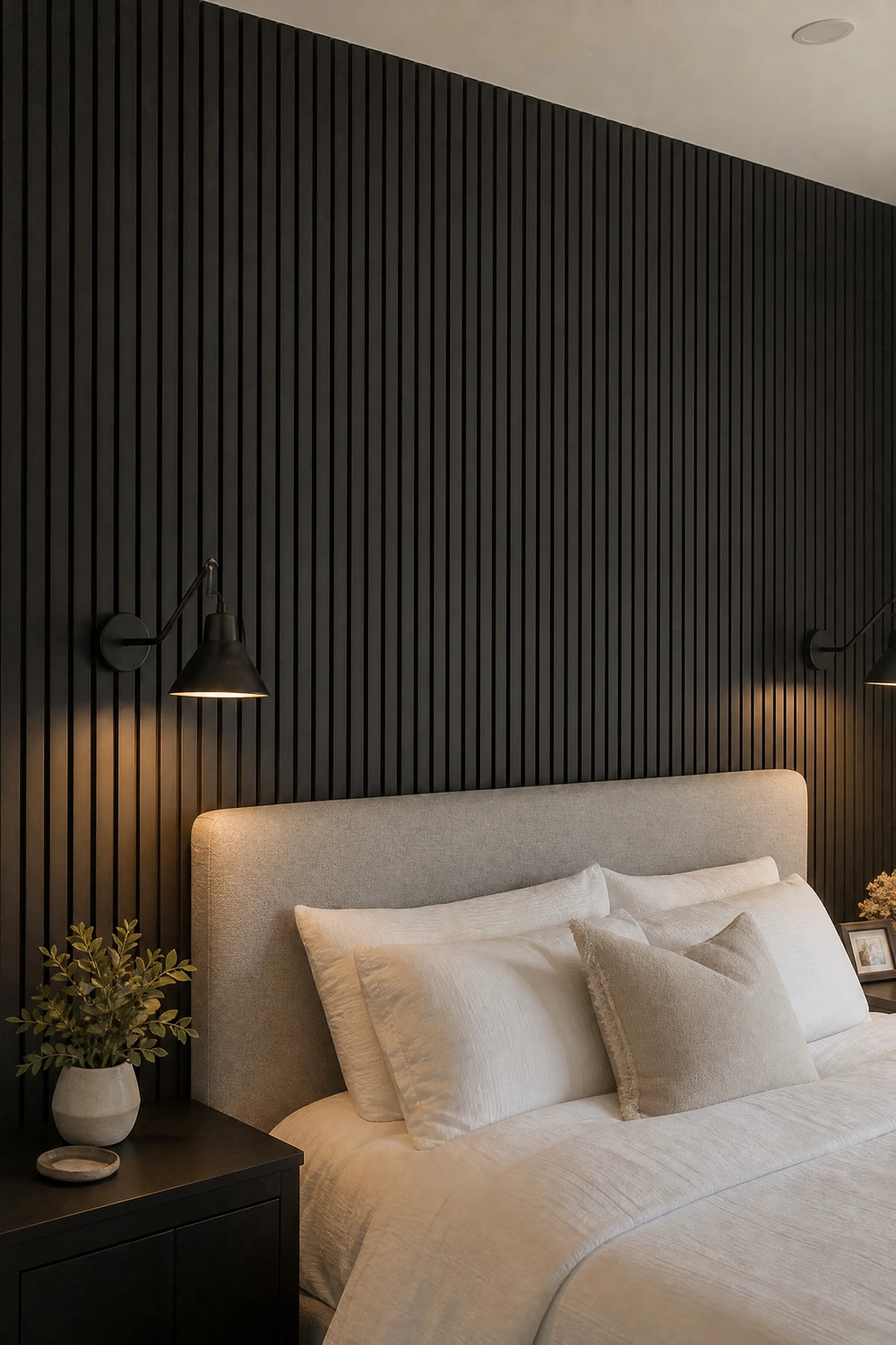 black wood-paneled wall behind the bed in a bedroom