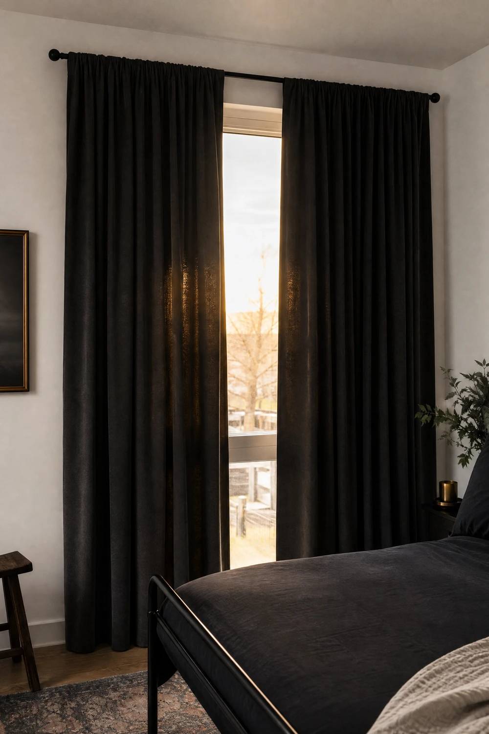 grey velvet curtains as the statement moment in a white and black room in a bedroom