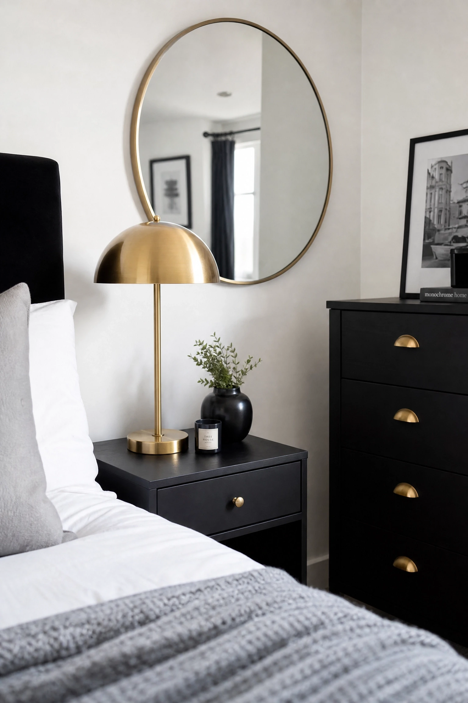 introduce a metallic finish to add warmth without adding colour in a bedroom