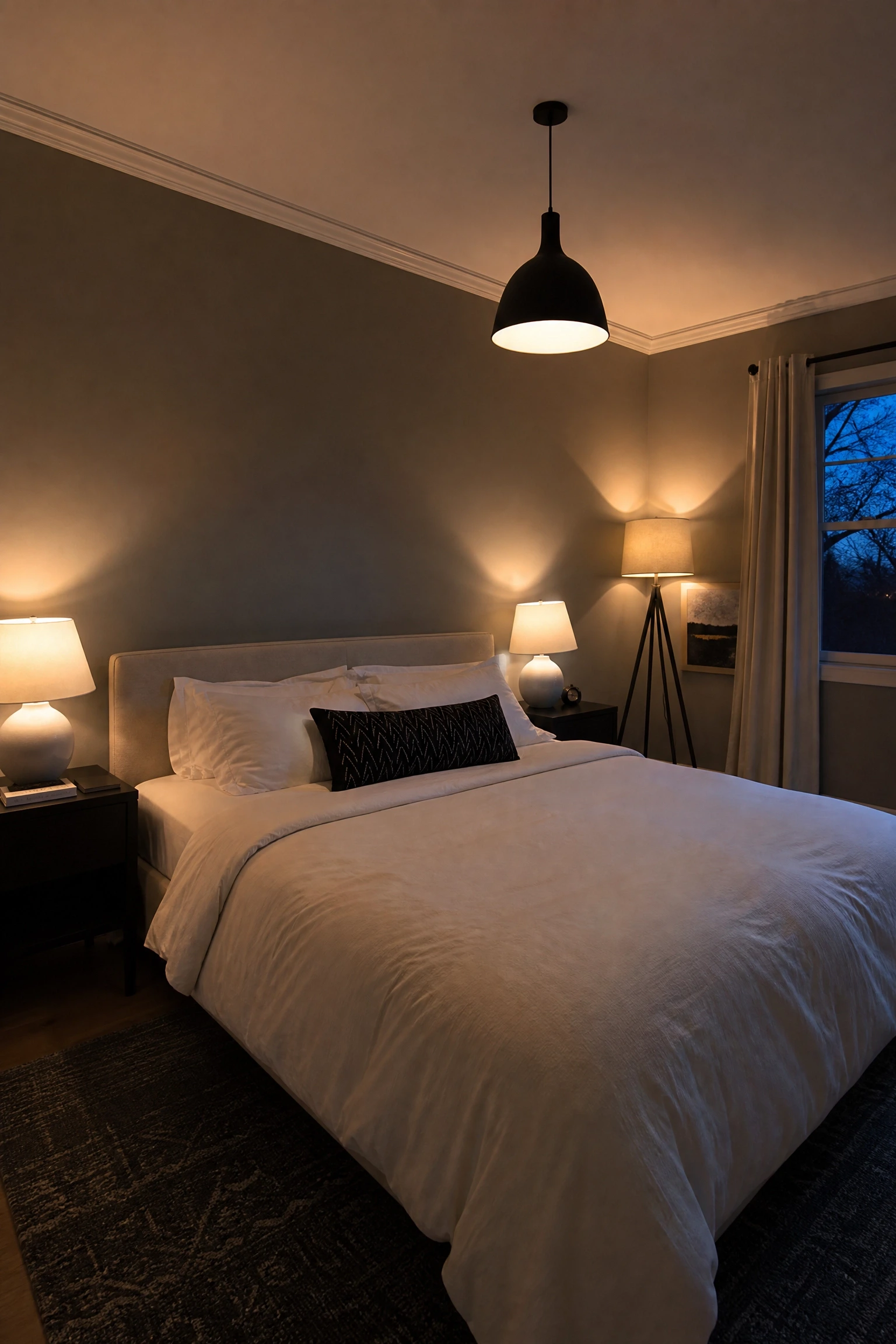 layer lighting for mood and function across the room in a bedroom