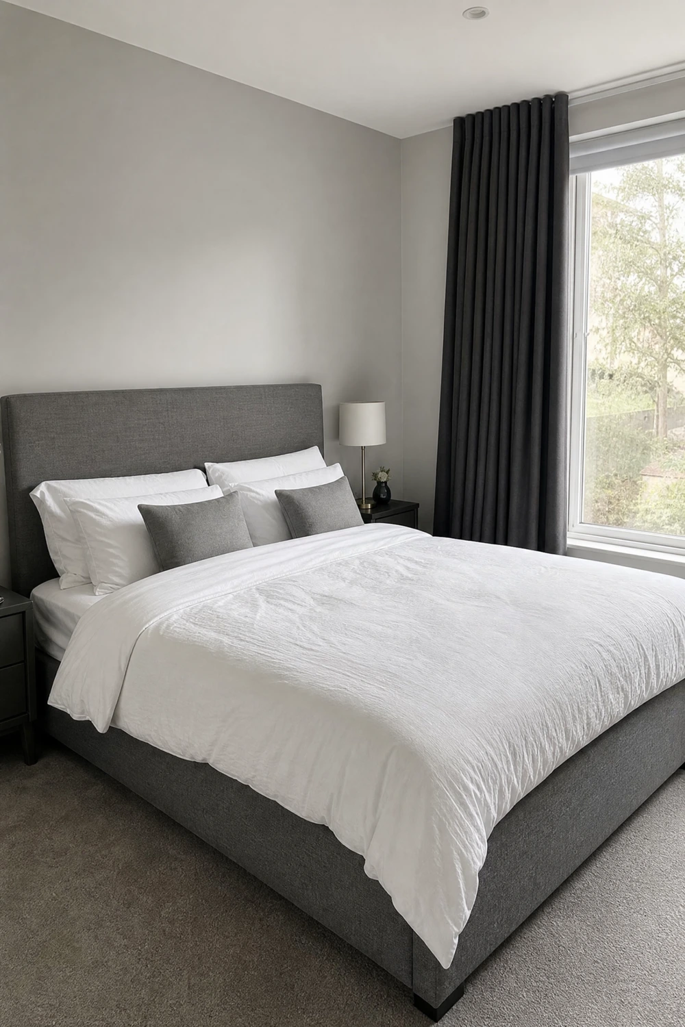 layering three shades of grey for a tonal monochrome look in a bedroom