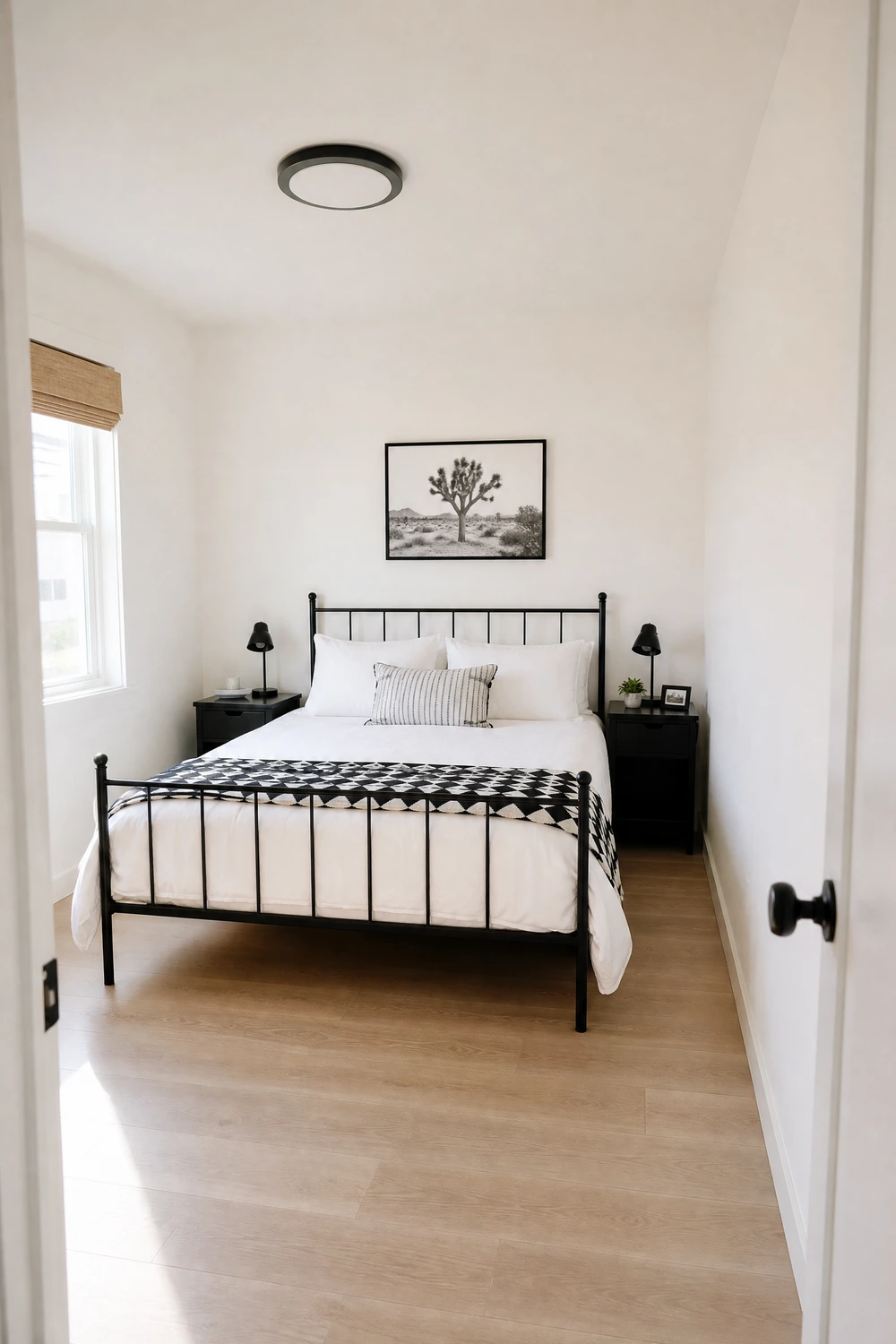 start with a white foundation and let the contrasts do the work in a bedroom