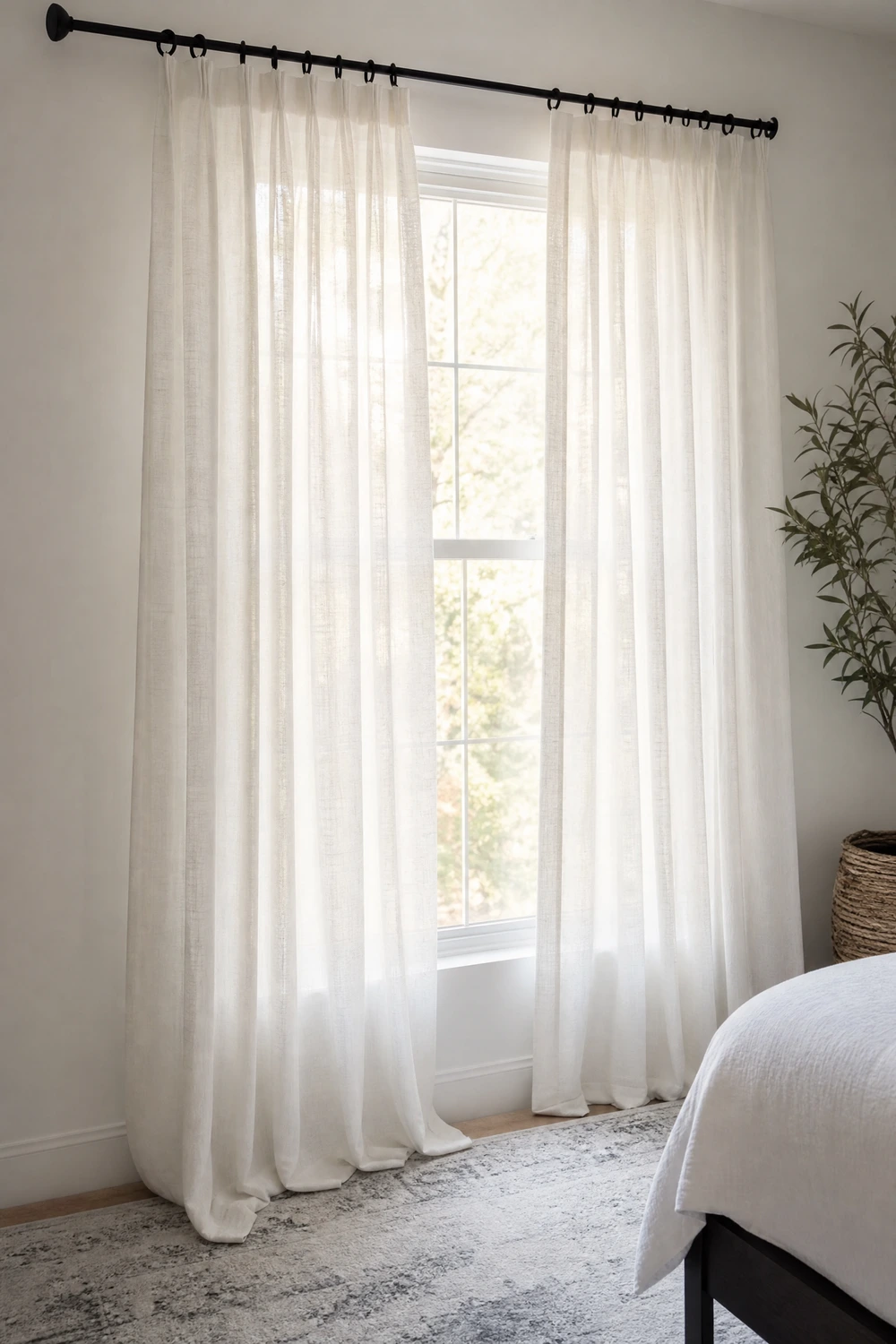 white curtains paired with a black curtain rod and rings in a bedroom