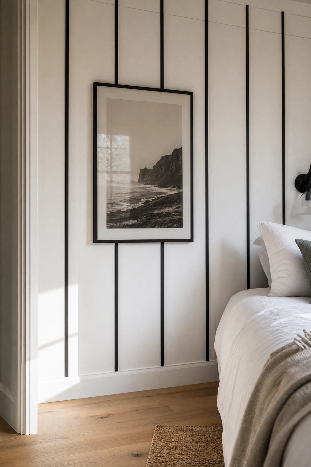 white paneled walls with black trim detail in a bedroom