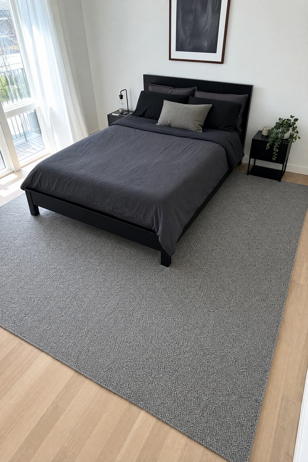 white walls with a soft grey area rug as the floor anchor in a bedroom