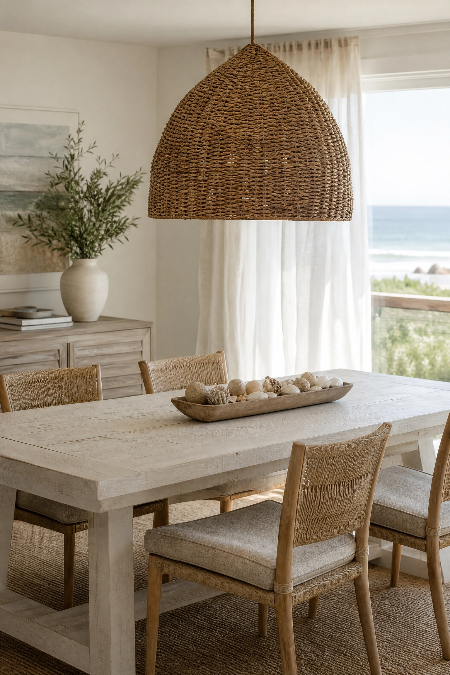 the coastal or mediterranean dining room that wants texture without theme-park vibes