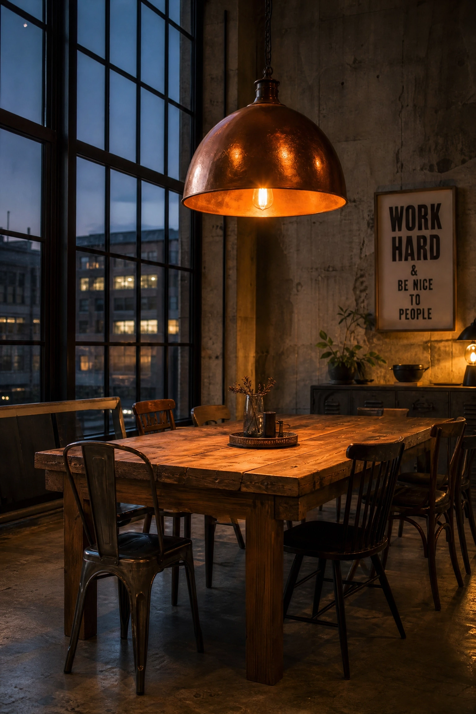 the industrial or loft dining space that wants warmth in a dining room