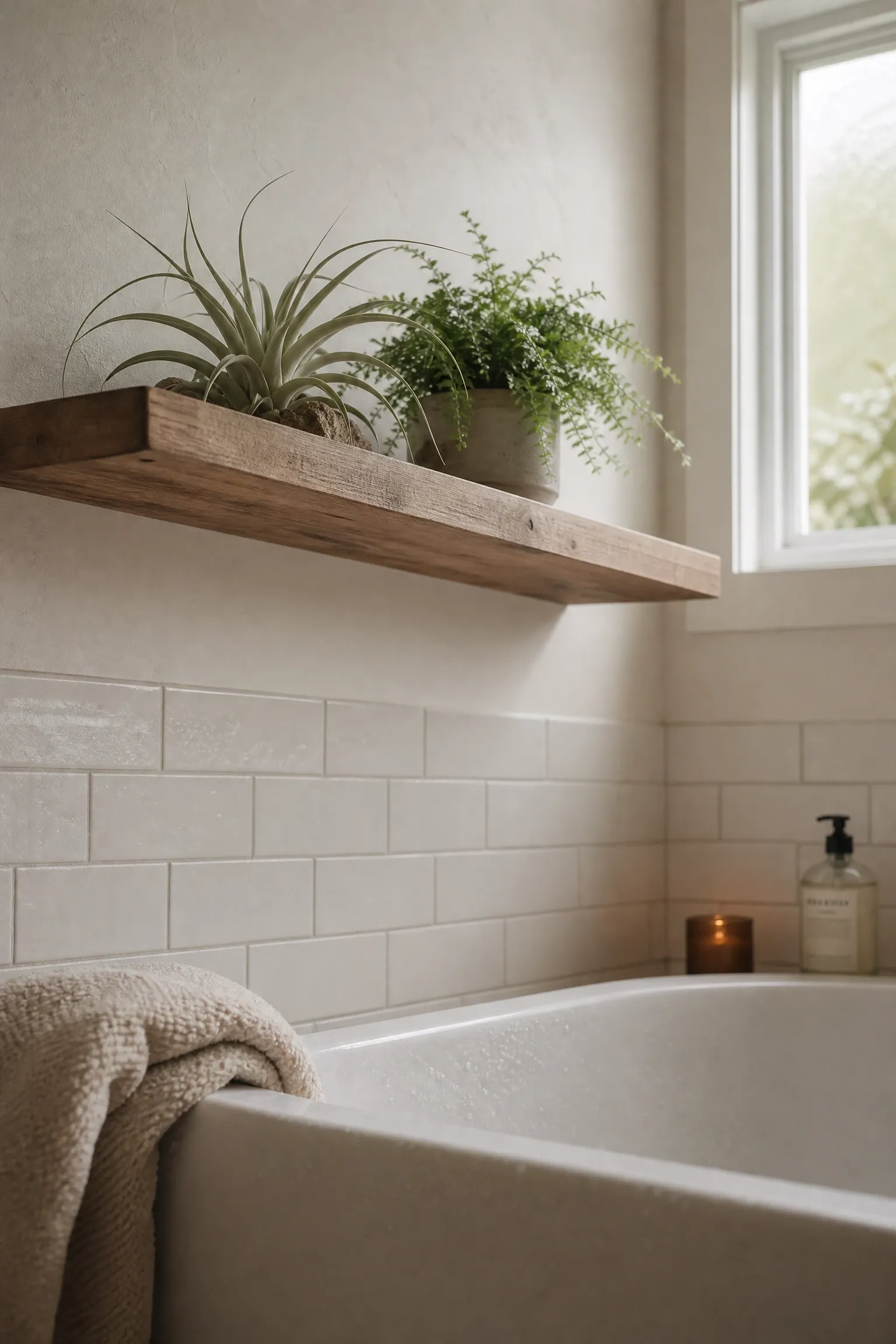 a bathroom shelf above the tub