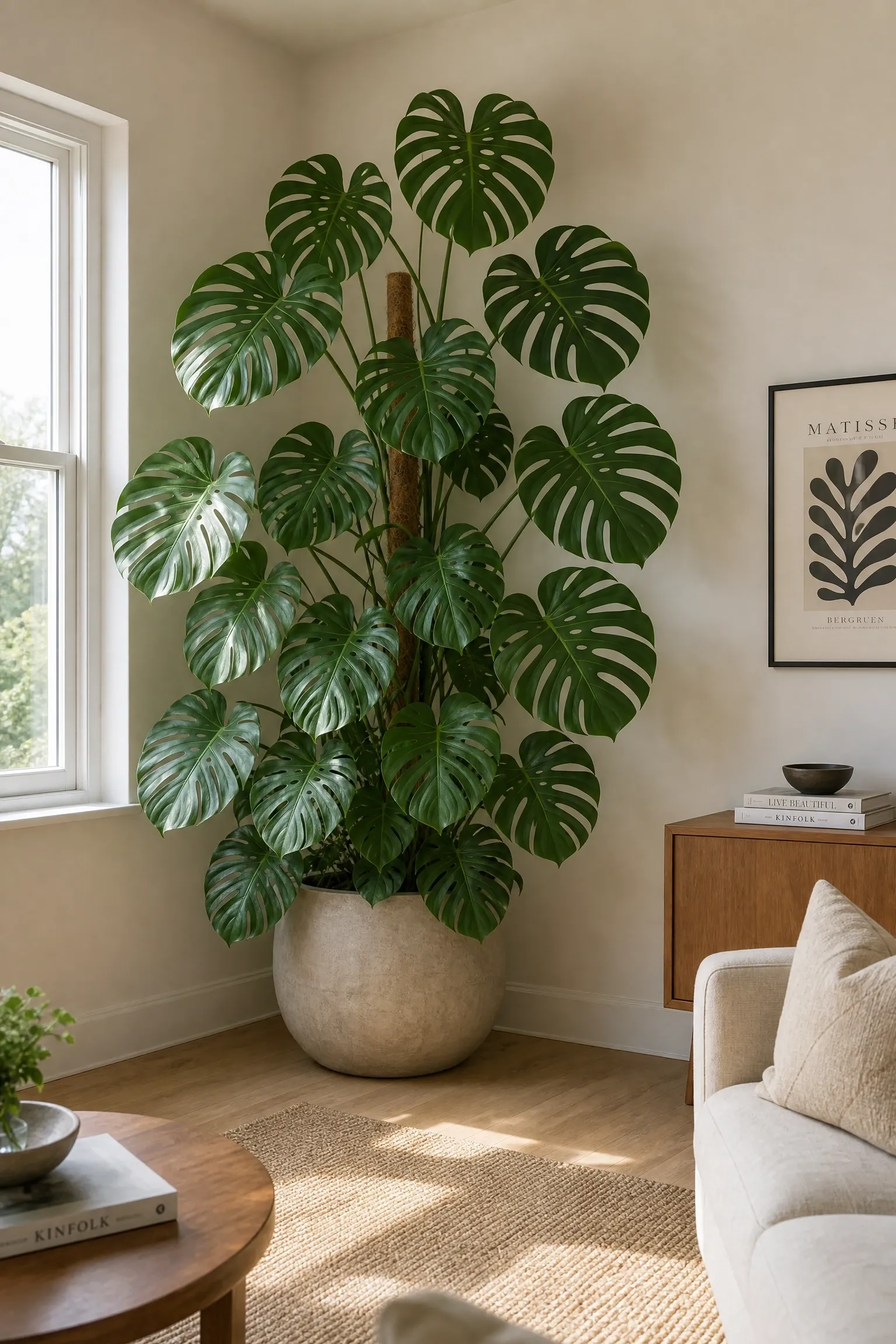 a statement floor plant for a bare living room corner