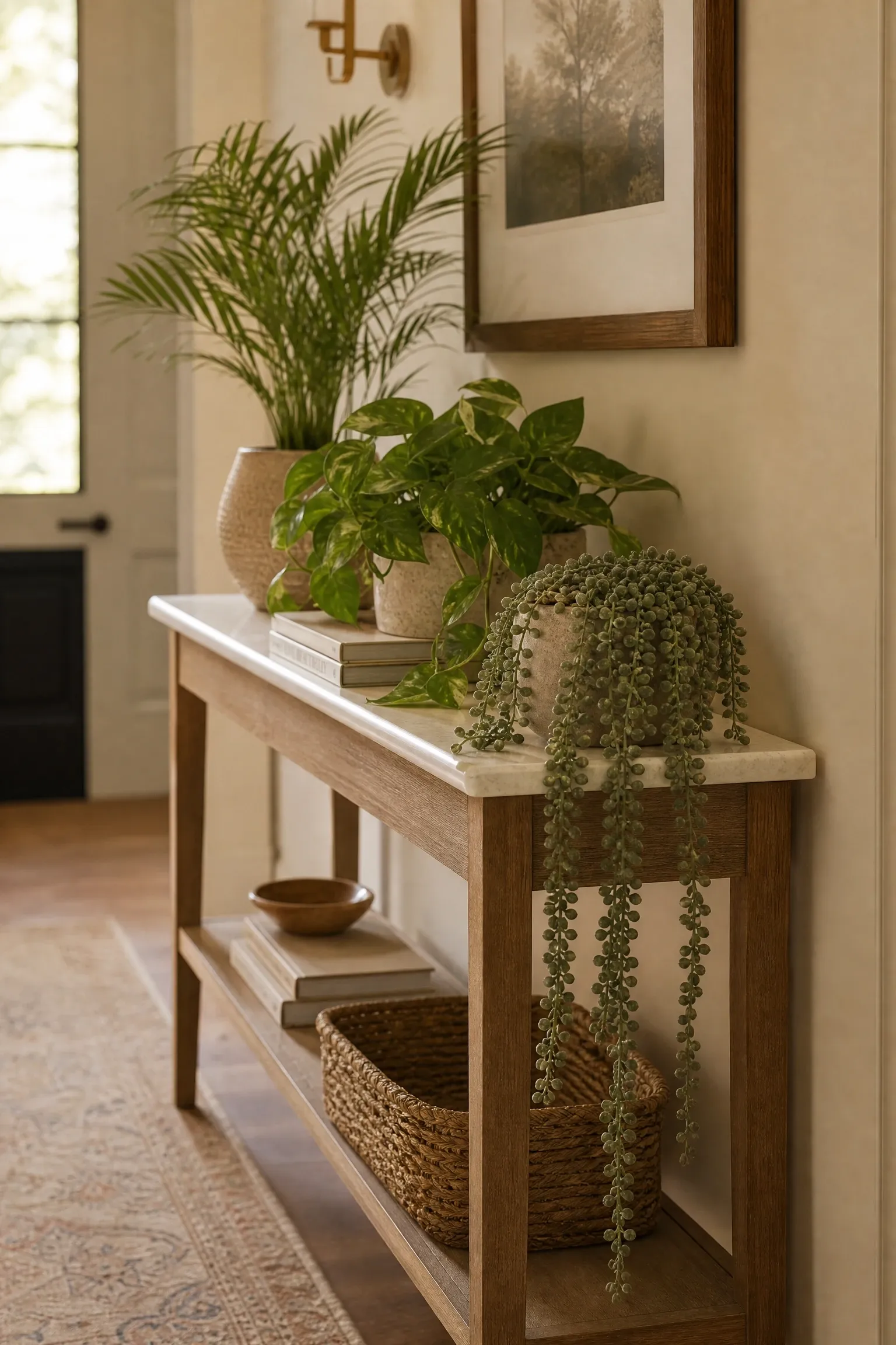 layering plant heights on a console table