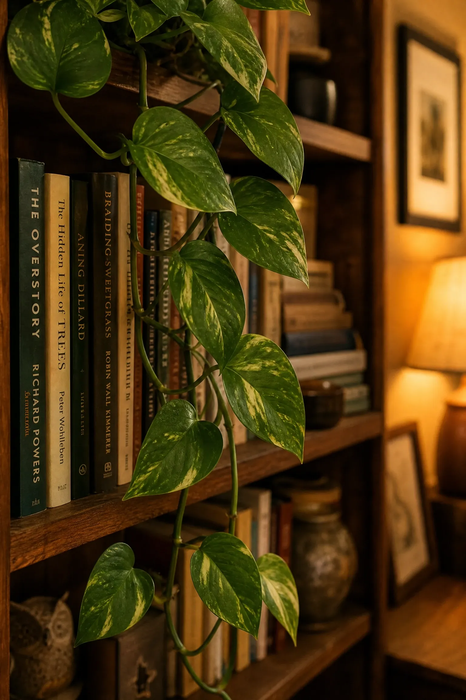 trailing plants over a bookshelf