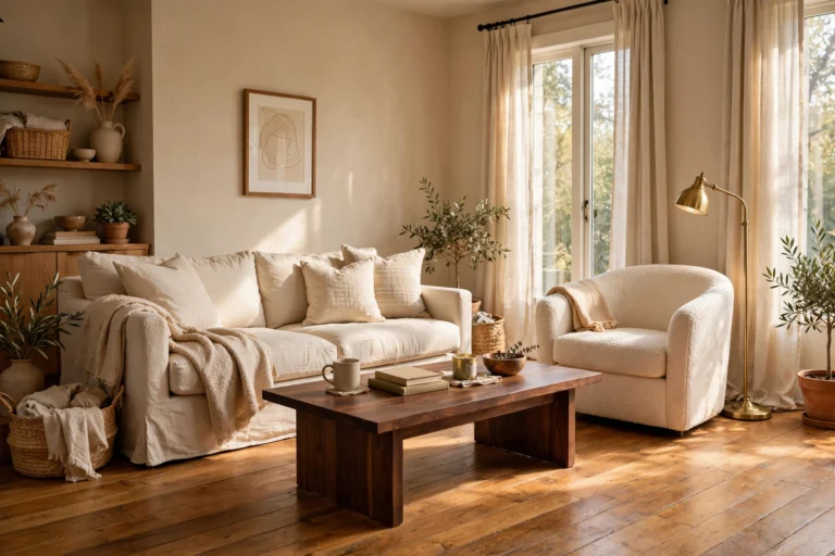 Beige and wood living room interior