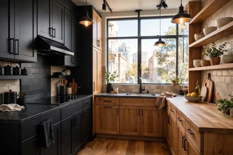 Black and wood kitchen cabinets