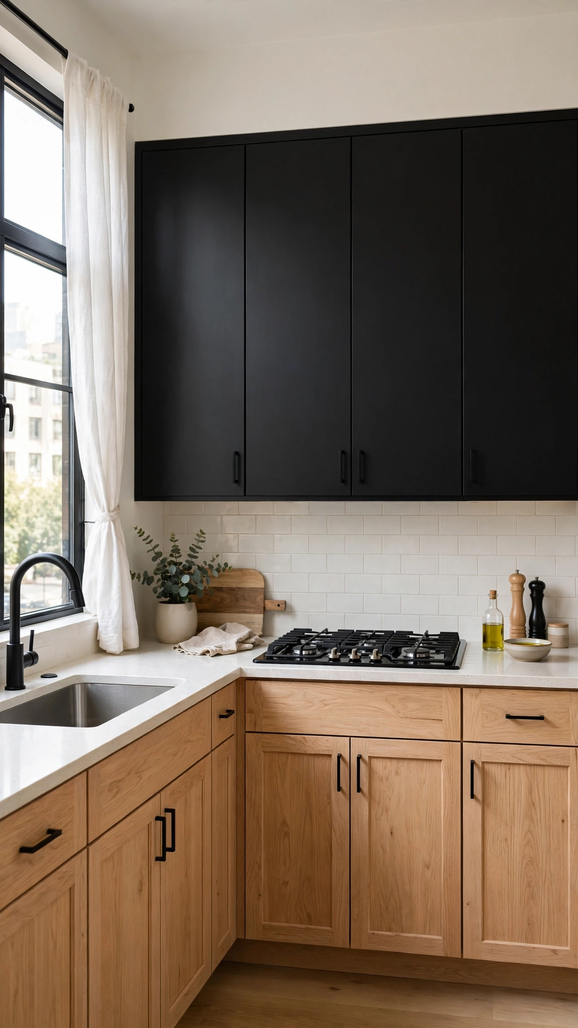 Black and wood kitchen cabinets