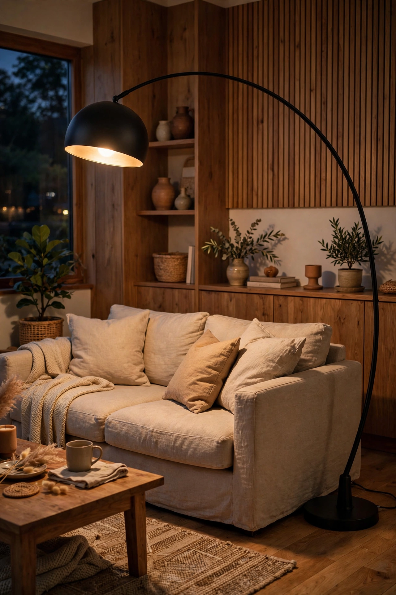 Beige and wood living room interior