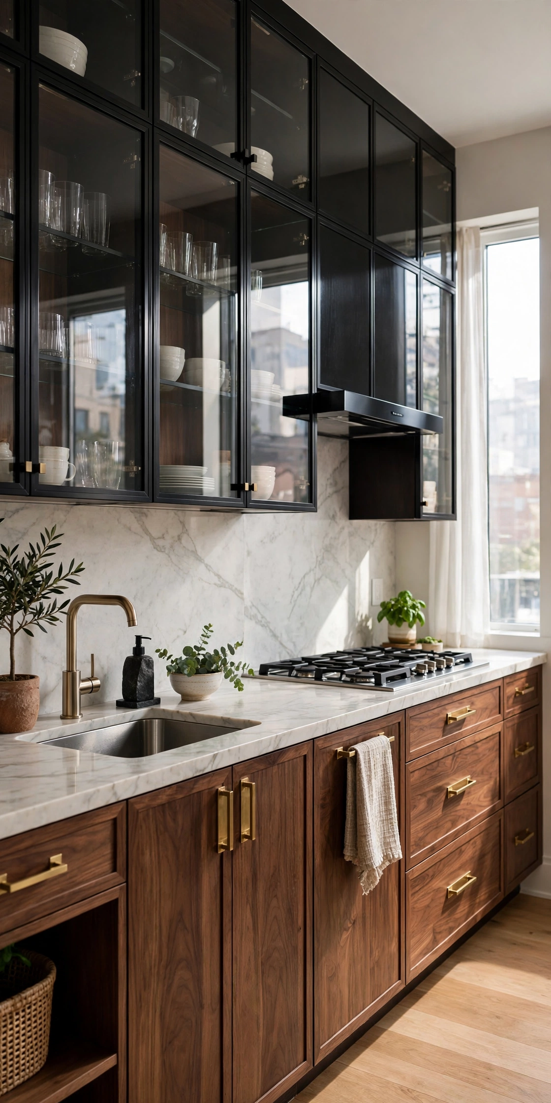 Black and wood kitchen cabinets