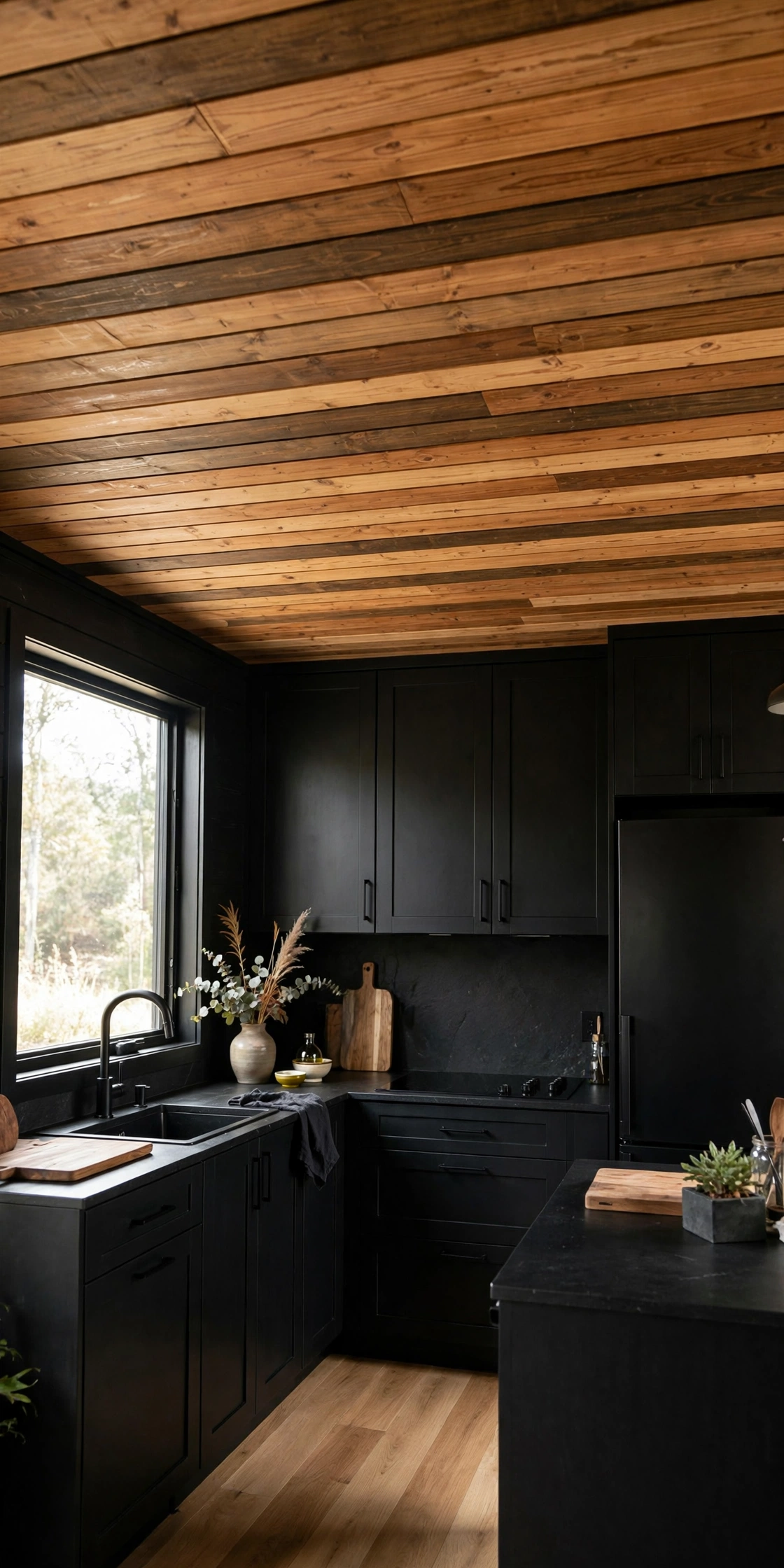 Black and natural wood kitchen