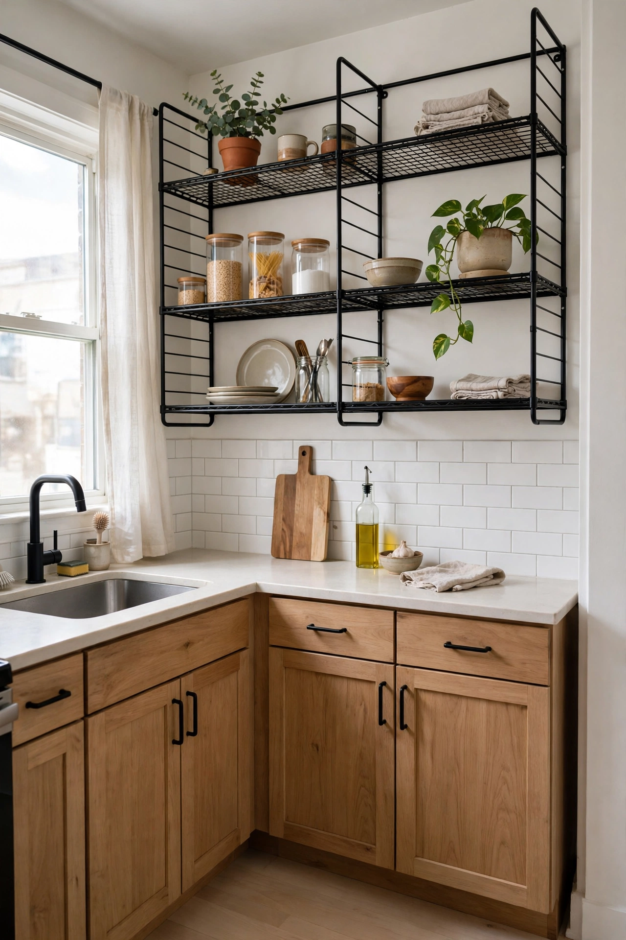 Black and wood kitchen cabinets