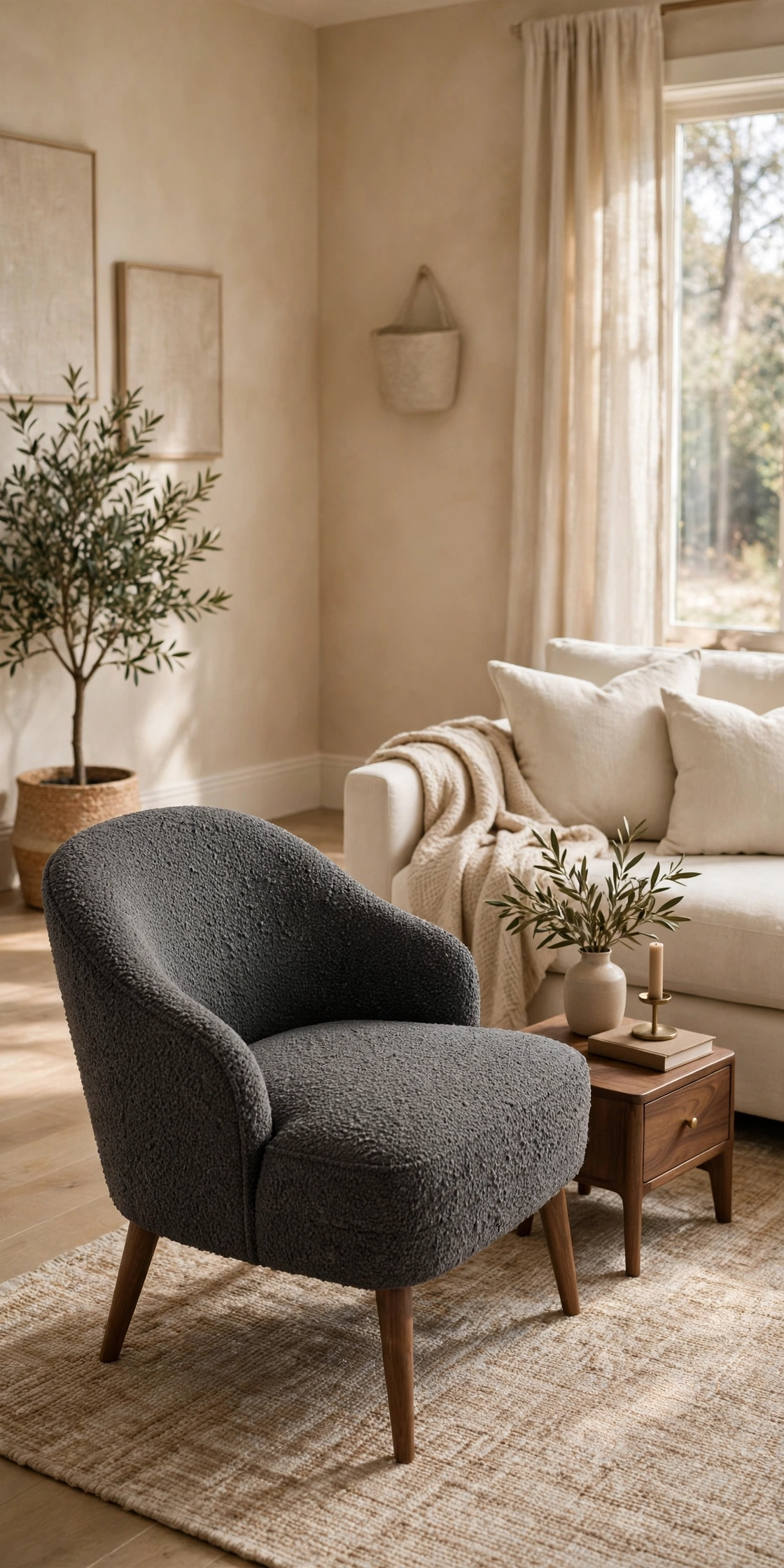 Beige and wood living room interior