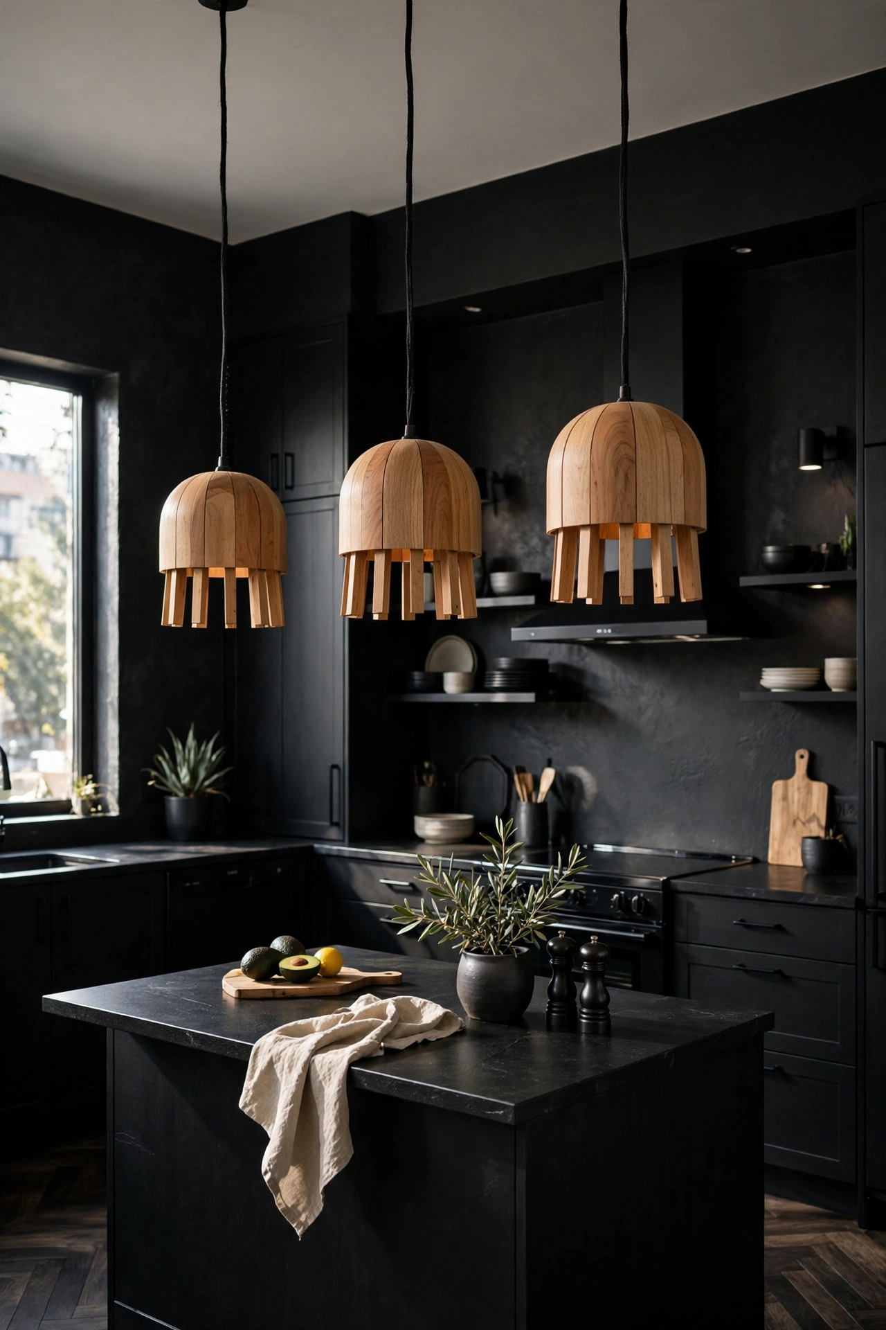 Black and natural wood kitchen