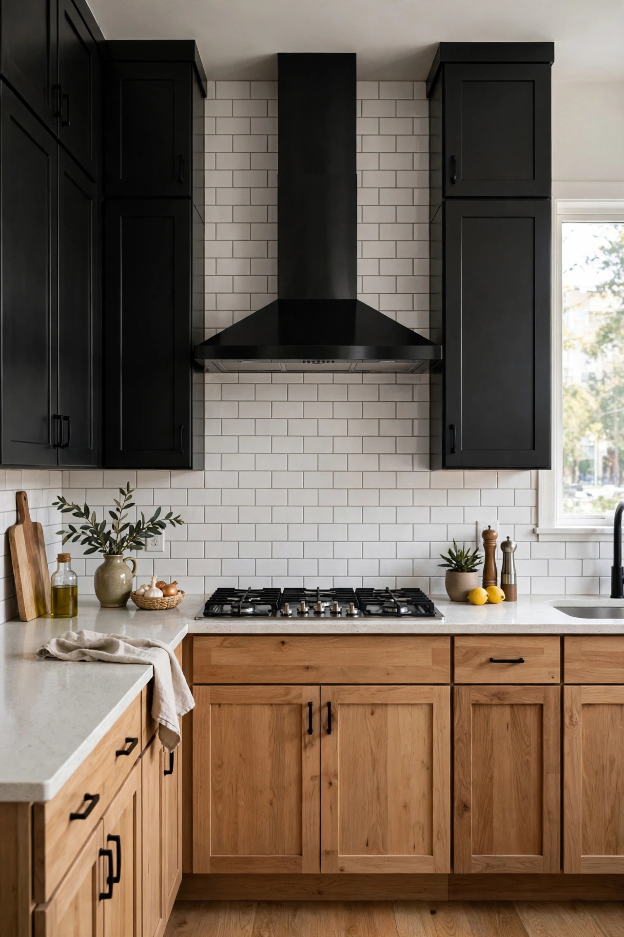 Black and wood kitchen cabinets