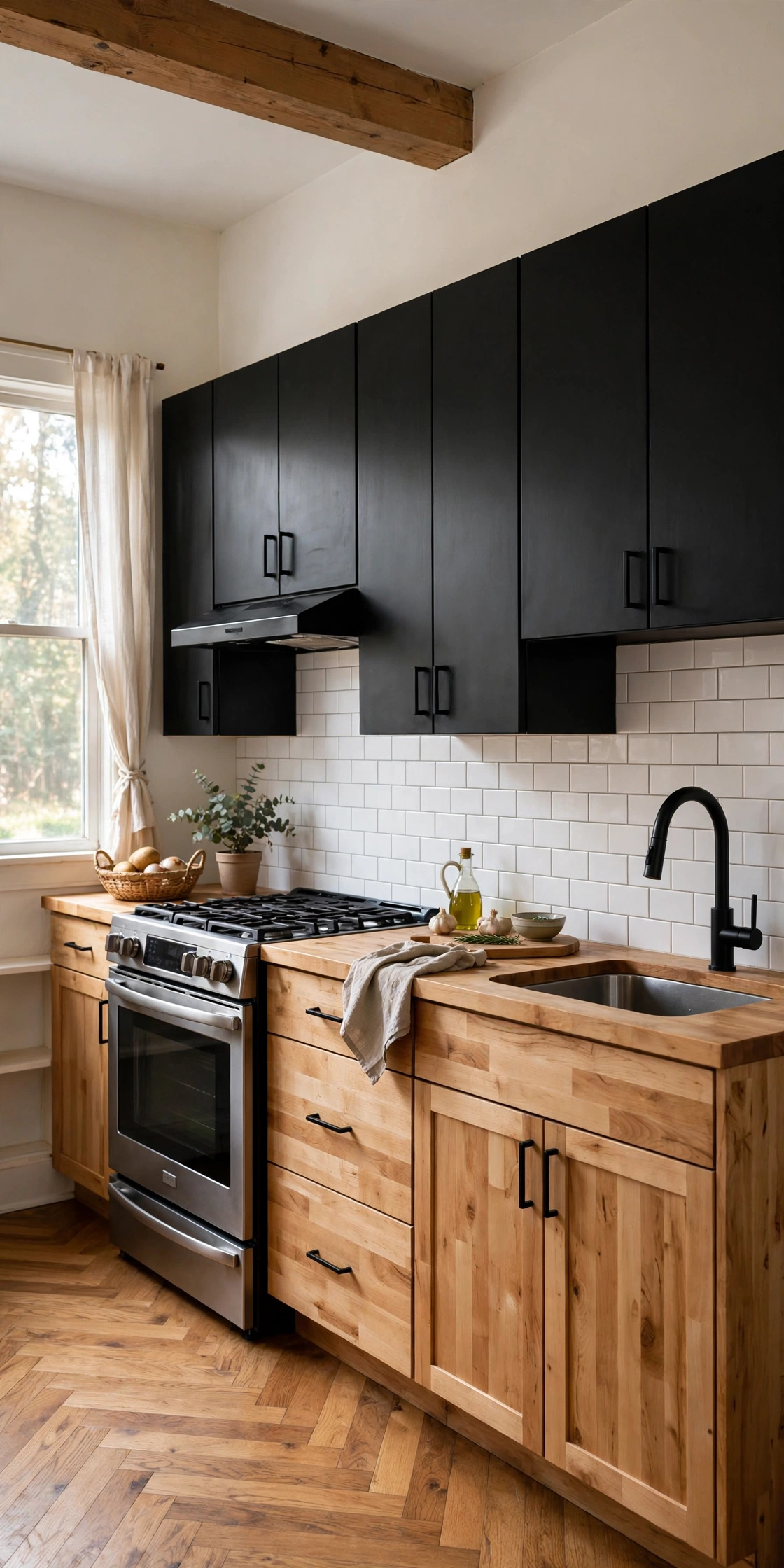 Black and wood kitchen cabinets