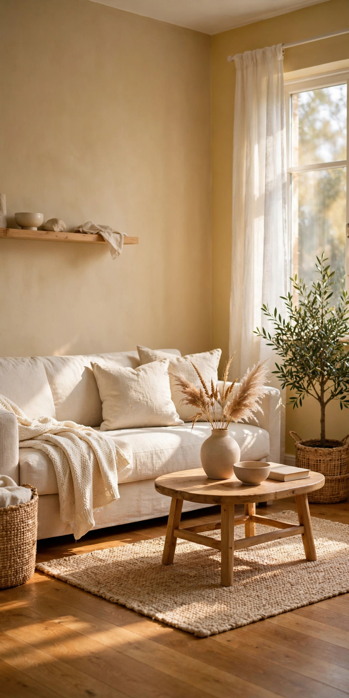 Beige and wood living room interior