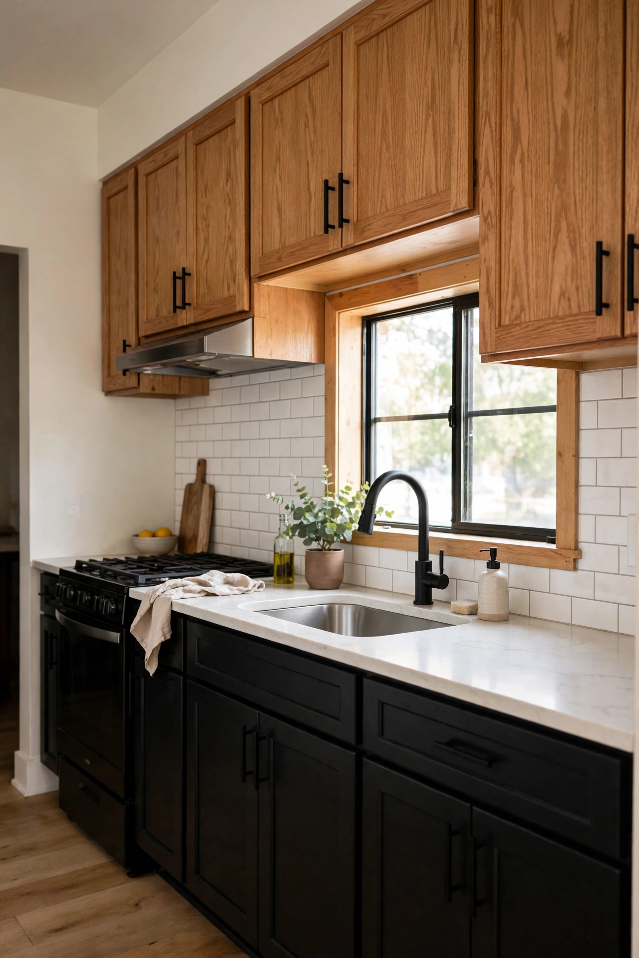 Black and wood kitchen cabinets