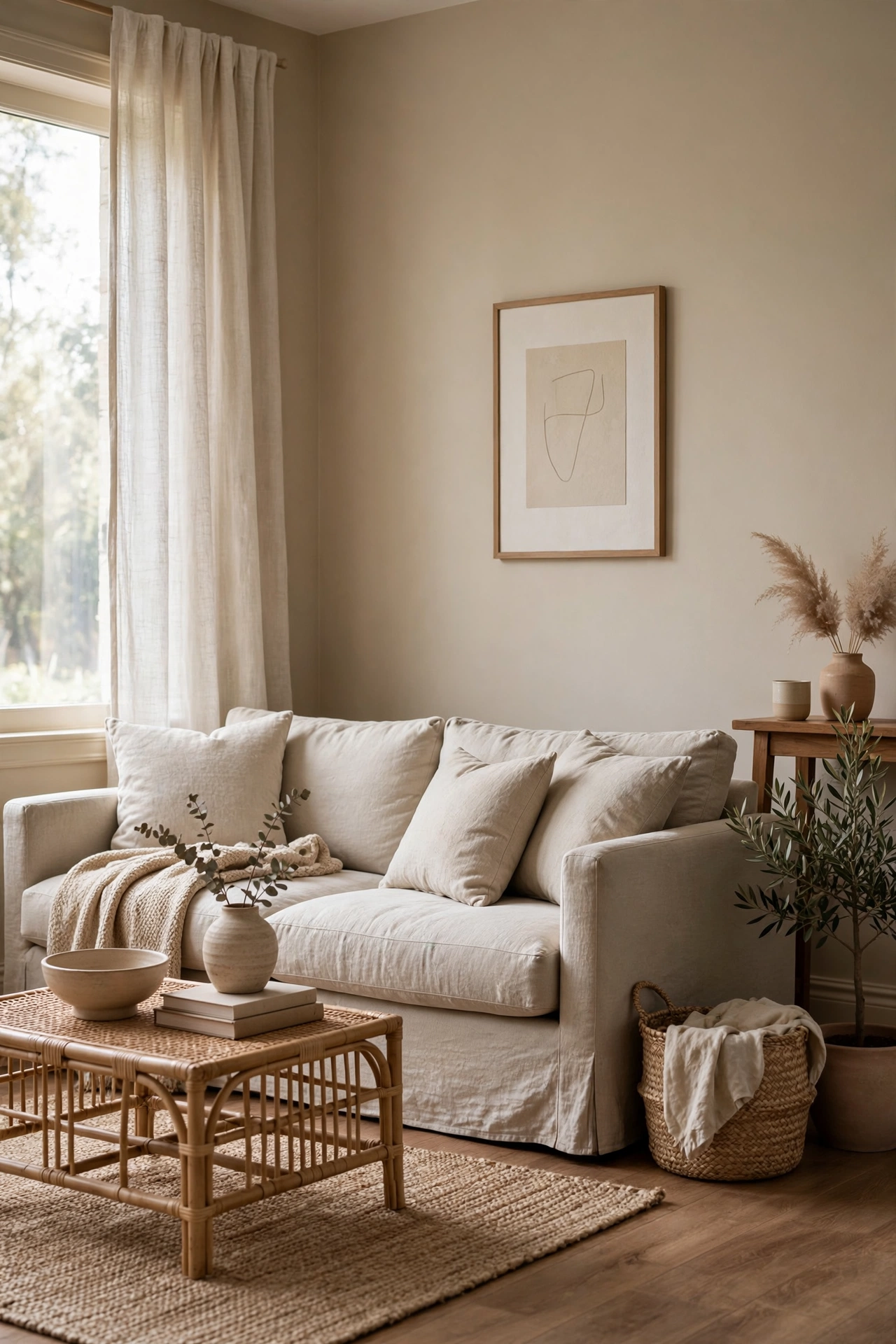 Beige and wood living room interior