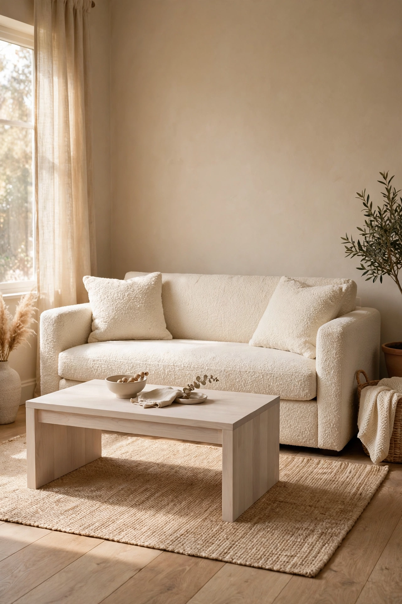 Beige and wood living room interior
