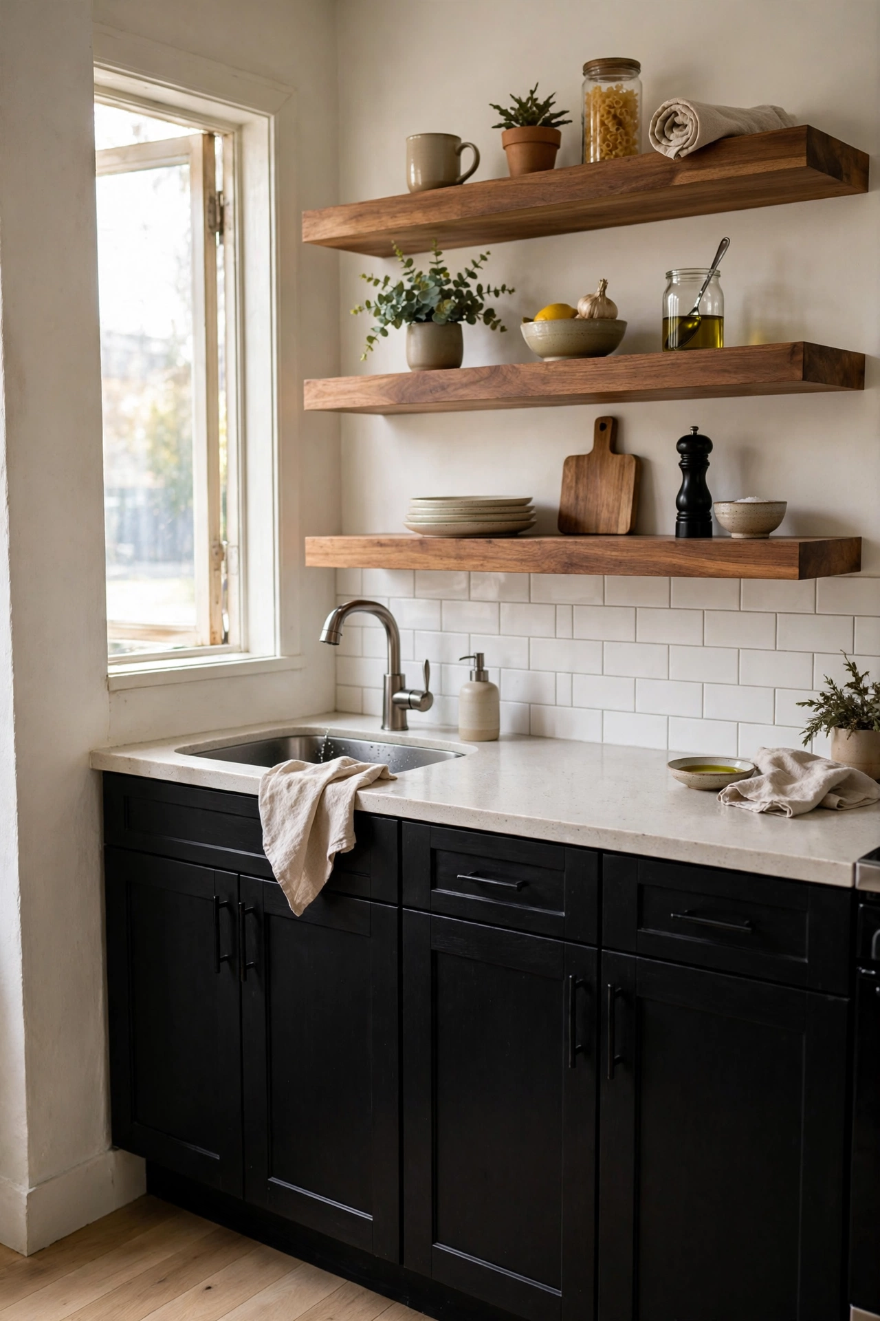 Black and wood kitchen cabinets